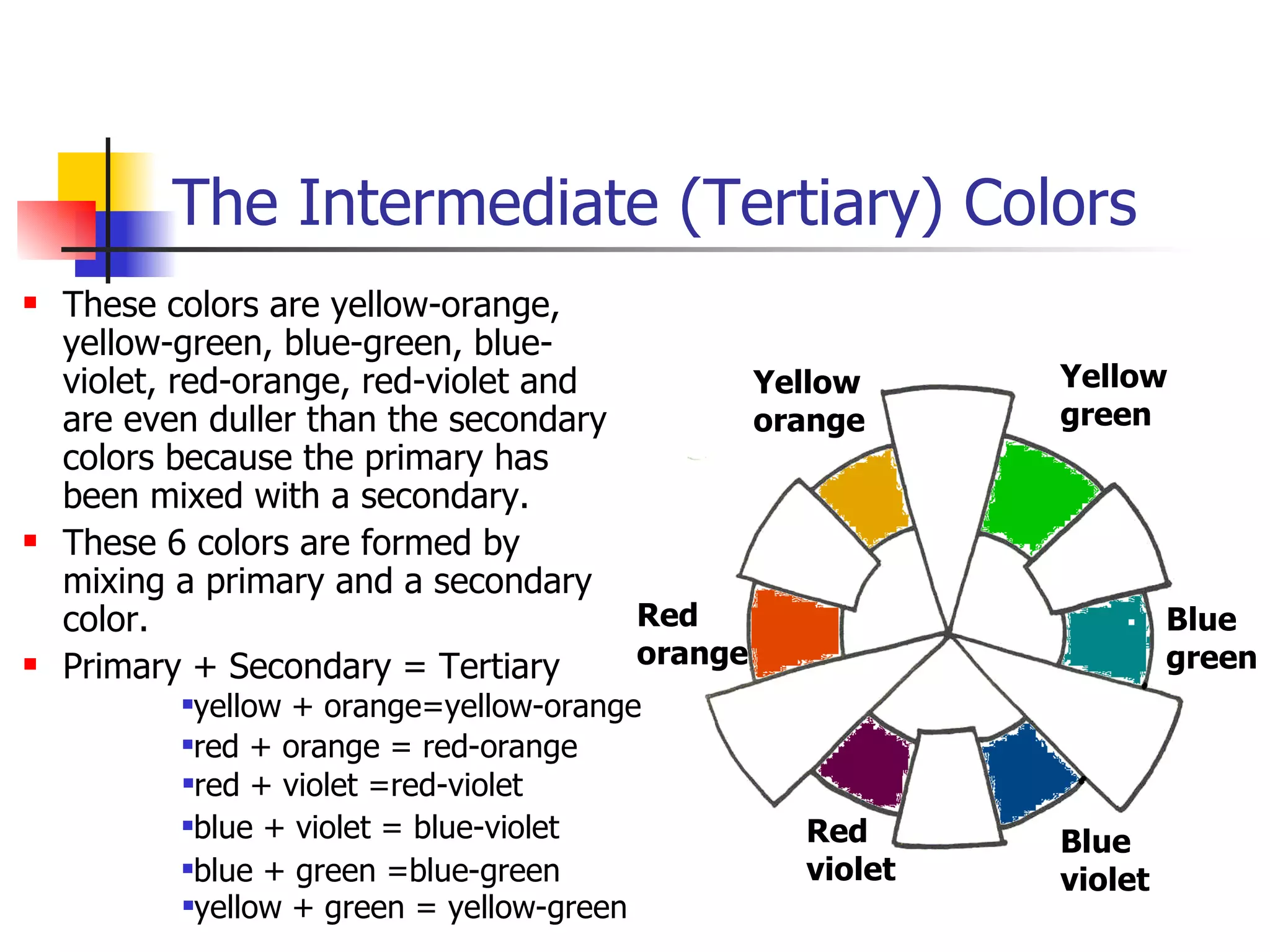The Intermediate (Tertiary) Colors These colors are yellow-orange, yellow-green, blue-green, blue-violet, red-orange, red-violet and are even duller than the secondary colors because the primary has been mixed with a secondary. These 6 colors are formed by mixing a primary and a secondary color.  Primary + Secondary = Tertiary yellow + orange=yellow-orange yellow + green = yellow-green blue + green =blue-green blue + violet = blue-violet red + violet =red-violet red + orange = red-orange Yellow orange Red orange Red violet Blue violet Blue green Yellow green 