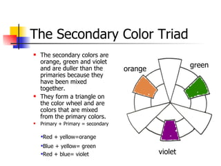 The Secondary Color Triad <ul><ul><li>The secondary colors are orange, green and violet and are duller than the primaries ...