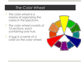 The Color Wheel
 The color wheel is a
means of organizing the
colors in the spectrum.
 The color wheel consists of
12 sections, each
containing one hue.
 A hue is a name of a
color on the color wheel.
 