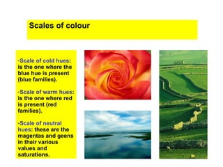 Scales of colour



-Scale of cold hues:
is the one where the
blue hue is present
(blue families).

-Scale of warm hues:
is the one where red
is present (red
families).

-Scale of neutral
hues: these are the
magentas and geens
in their various
values and
saturations.
 
