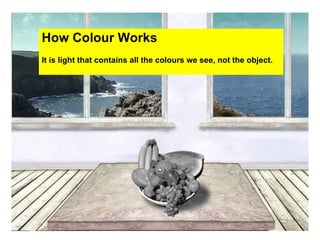 How Colour Works
It is light that contains all the colours we see, not the object.
 
