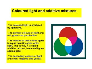 Coloured light and additive mixtures


-The coloured light is produced
by light rays.

-The primary colours of light are:
red, green and purple-blue.

-The mixture of these three lights
in equal quantity gives white
light. This is why it is called
additive mixture, because it goes
adding light.

-The secondary colours of light
are: cyan, magenta and yellow.
 