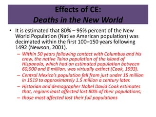 Effects of CE: 
Deaths in the New World 
• It is estimated that 80% – 95% percent of the New 
World Population (Native American population) was 
decimated within the first 100–150 years following 
1492 (Newson, 2001). 
– Within 50 years following contact with Columbus and his 
crew, the native Taino population of the island of 
Hispanola, which had an estimated population between 
60,000 and 8 million, was virtually extinct (Cook, 1993). 
– Central Mexico’s population fell from just under 15 million 
in 1519 to approximately 1.5 million a century later. 
– Historian and demographer Nobel David Cook estimates 
that, regions least affected lost 80% of their populations; 
– those most affected lost their full populations 
 