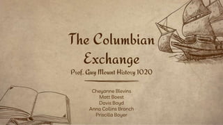 Cheyanne Blevins
Matt Boest
Davis Boyd
Anna Collins Branch
Priscilla Boyer
The Columbian
Exchange
Prof. Guy Mount History 1020
 