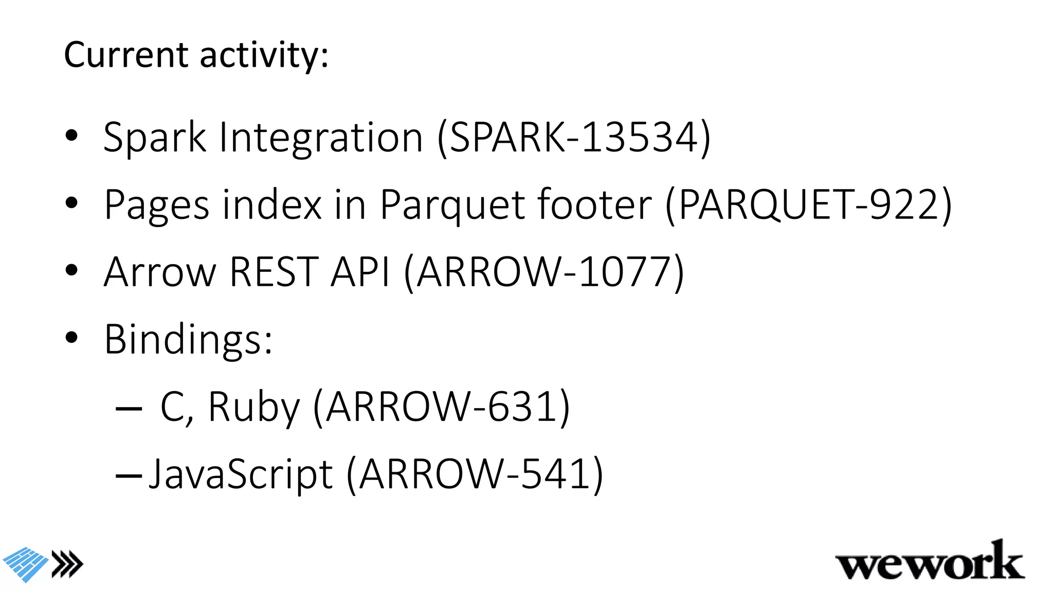 Current activity:
• Spark Integration (SPARK-13534)
• Pages index in Parquet footer (PARQUET-922)
• Arrow REST API (ARROW-1077)
• Bindings:
– C, Ruby (ARROW-631)
–JavaScript (ARROW-541)
 