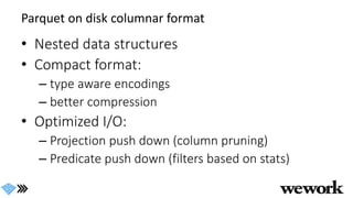 Parquet on disk columnar format
• Nested data structures
• Compact format:
– type aware encodings
– better compression
• Optimized I/O:
– Projection push down (column pruning)
– Predicate push down (filters based on stats)
 