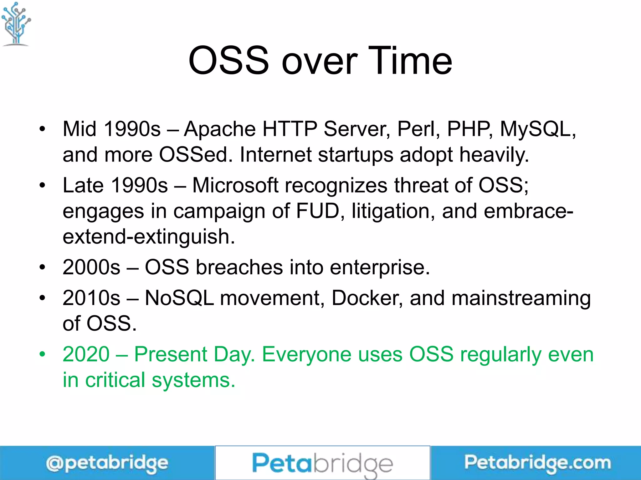 OSS over Time
• Mid 1990s – Apache HTTP Server, Perl, PHP, MySQL,
and more OSSed. Internet startups adopt heavily.
• Late 1990s – Microsoft recognizes threat of OSS;
engages in campaign of FUD, litigation, and embrace-
extend-extinguish.
• 2000s – OSS breaches into enterprise.
• 2010s – NoSQL movement, Docker, and mainstreaming
of OSS.
• 2020 – Present Day. Everyone uses OSS regularly even
in critical systems.
 