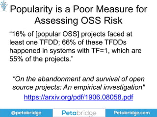 Popularity is a Poor Measure for
Assessing OSS Risk
“16% of [popular OSS] projects faced at
least one TFDD; 66% of these T...