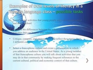 • Name several activities that young people enjoy doing after school
and during school
• Describe the differences between the school activities and the
activities that can happen after school
• Critique, compare, and contrast texts that reflect these topics from
2 different cultures
• Select a francophone culture and create a presentation in which
you address an audience in the United States. As a young member
of that francophone culture you will talk about activities that you
may do in that community by making frequent references to the
current cultural, political and economic context of that culture.
 