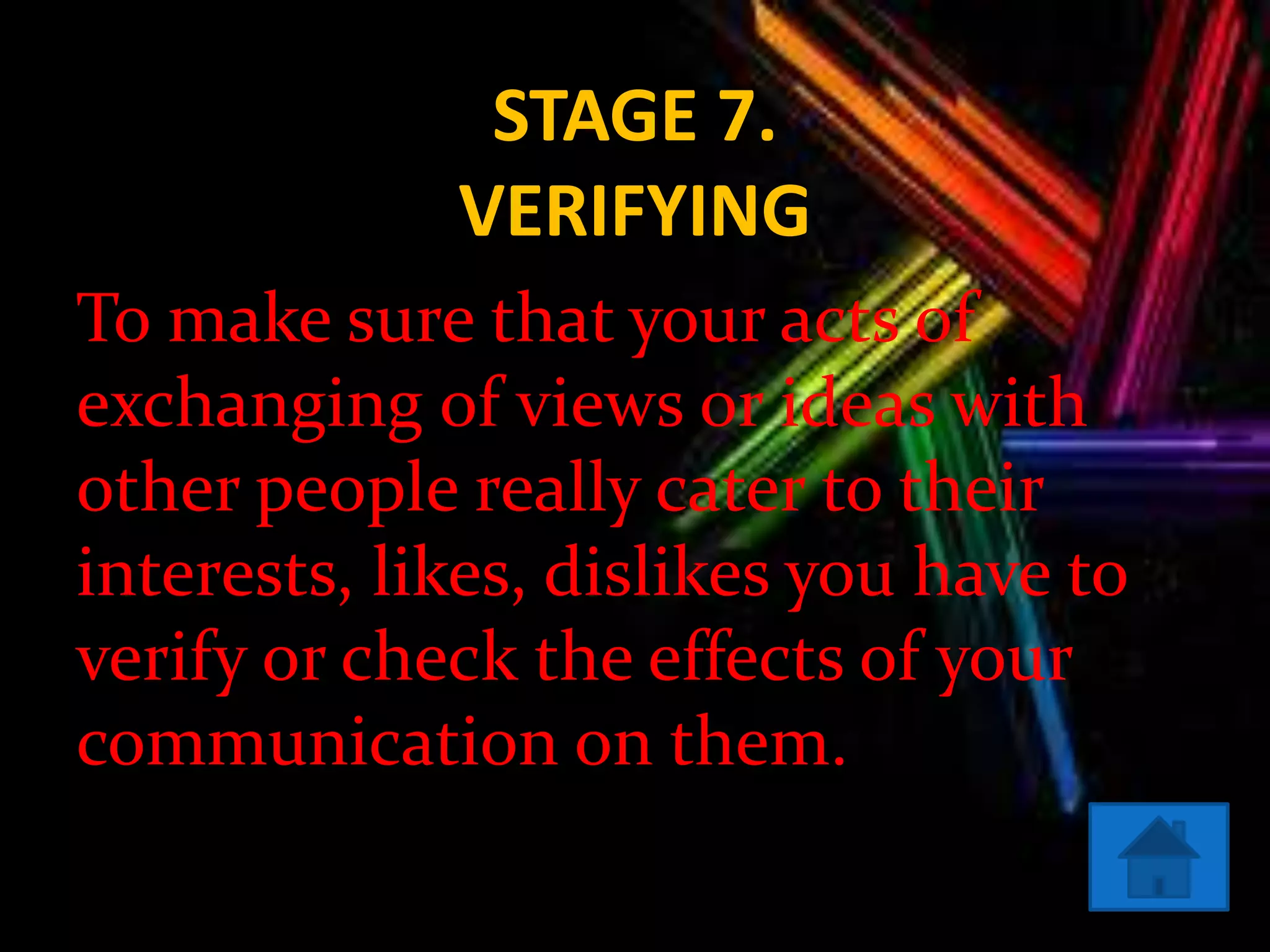 STAGE 7.
VERIFYING
To make sure that your acts of
exchanging of views or ideas with
other people really cater to their
interests, likes, dislikes you have to
verify or check the effects of your
communication on them.
 