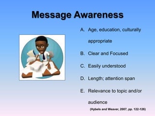 Message Awareness
         A. Age, education, culturally

            appropriate

         B. Clear and Focused

         C. Easily understood

         D. Length; attention span

         E. Relevance to topic and/or

            audience
             (Hybels and Weaver, 2007, pp. 122-126)
 