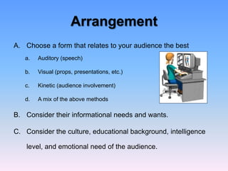 Arrangement
A. Choose a form that relates to your audience the best
   a.   Auditory (speech)

   b.   Visual (props, presentations, etc.)

   c.   Kinetic (audience involvement)

   d.   A mix of the above methods

B. Consider their informational needs and wants.

C. Consider the culture, educational background, intelligence

    level, and emotional need of the audience.
 