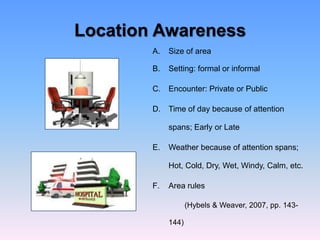Location Awareness
        A.   Size of area

        B.   Setting: formal or informal

        C.   Encounter: Private or Public

        D.   Time of day because of attention

             spans; Early or Late

        E.   Weather because of attention spans;

             Hot, Cold, Dry, Wet, Windy, Calm, etc.

        F.   Area rules

                    (Hybels & Weaver, 2007, pp. 143-

             144)
 