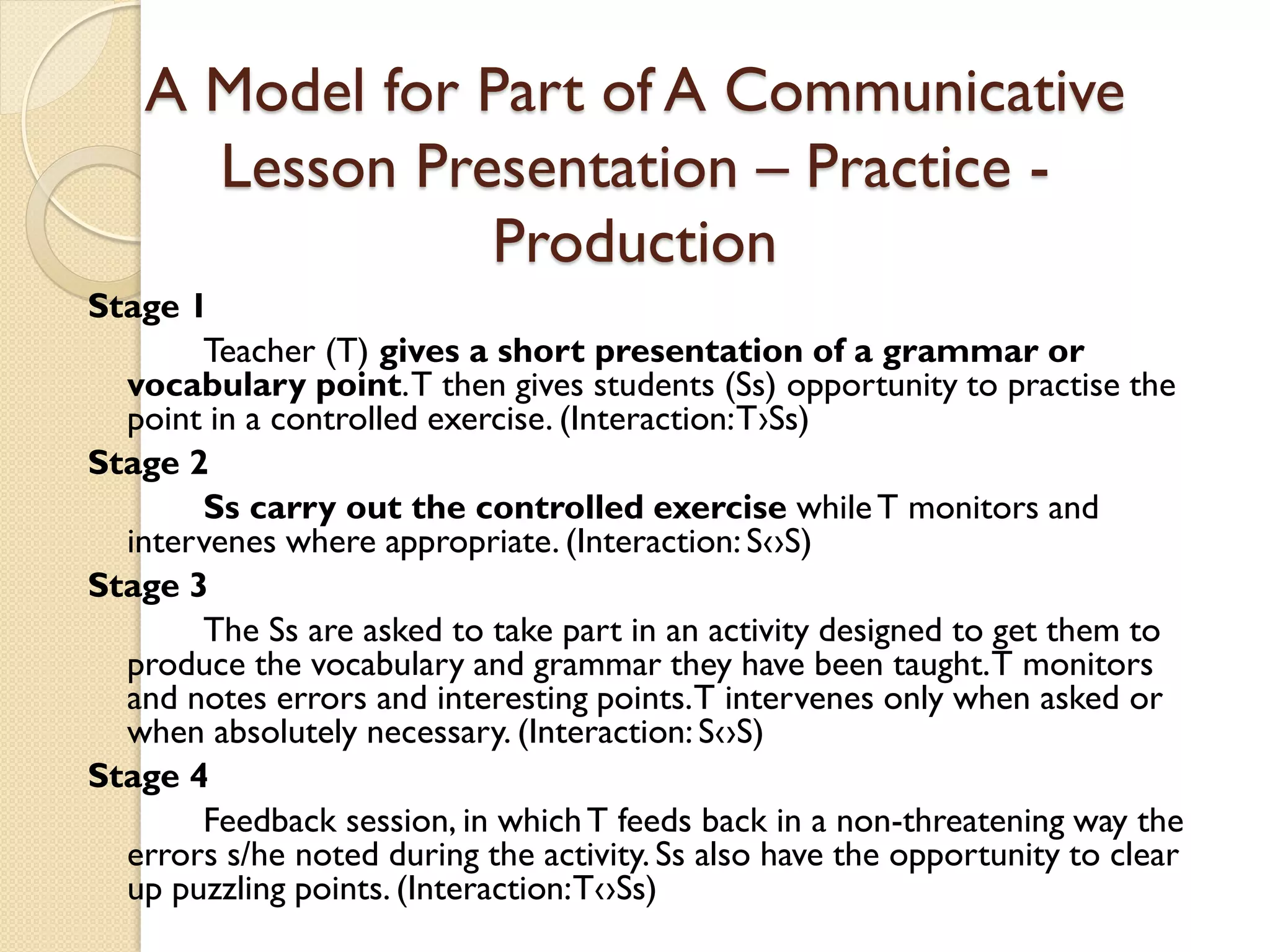 A Model for Part of A Communicative
Lesson Presentation – Practice -
Production
Stage 1
Teacher (T) gives a short presentation of a grammar or
vocabulary point.T then gives students (Ss) opportunity to practise the
point in a controlled exercise. (Interaction:T›Ss)
Stage 2
Ss carry out the controlled exercise whileT monitors and
intervenes where appropriate. (Interaction: S‹›S)
Stage 3
The Ss are asked to take part in an activity designed to get them to
produce the vocabulary and grammar they have been taught.T monitors
and notes errors and interesting points.T intervenes only when asked or
when absolutely necessary. (Interaction: S‹›S)
Stage 4
Feedback session, in whichT feeds back in a non-threatening way the
errors s/he noted during the activity. Ss also have the opportunity to clear
up puzzling points. (Interaction:T‹›Ss)
 