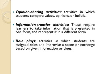  Opinion-sharing activities: activities in which
students compare values, opinions, or beliefs.
 Information-transfer activities: These require
learners to take information that is presented in
one form, and represent it in a different form.
 Role plays: activities in which students are
assigned roles and improvise a scene or exchange
based on given information or clues.
 