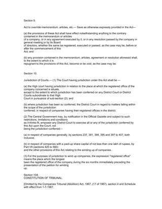 Section 9.

Act to override memorandum, articles, etc.— Save as otherwise expressly provided in the Act—

(a) the provisions of these Act shall have effect notwithstanding anything to the contrary
contained in the memorandum or articles
of a company, or in any agreement executed by it, or in any resolution passed by the company in
general meeting or by its Board
of directors, whether the same be registered, executed or passed, as the case may be, before or
after the commencement of this
Act; and

(b) any provision contained in the memorandum, articles, agreement or resolution aforesaid shall,
to the extent to which it is
repugnant to the provisions of this Act, become or be void, as the case may be.


Section 10.

Jurisdiction of Courts.— (1) The Court having jurisdiction under this Act shall be —

(a) the High court having jurisdiction in relation to the place at which the registered office of the
company concerned is situate,
except to the extent to which jurisdiction has been conferred on any District Court or District
Courts subordinate to that High
Court in pursuance of sub-section (2); and

(b) where jurisdiction has been so conferred, the District Court in regard to matters falling within
the scope of the jurisdiction
conferred, in respect of companies having their registered offices in the district.

(2) The Central Government may, by notification in the Official Gazette and subject to such
restrictions, limitations and conditions
as it thinks fit, empower any District Court to exercise all or any of the jurisdiction conferred by
this Act upon the Court, not
being the jurisdiction conferred—

(a) in respect of companies generally, by sections 237, 391, 394, 395 and 397 to 407, both
inclusive;

(b) in respect of companies with a paid-up share capital of not less than one lakh of rupees, by
Part VII (sections 425 to 560)
and the other provisions of this Act relating to the winding up of companies.

(3) For the purposes of jurisdiction to wind up companies, the expression "registered office"
means the place which the longest
been the registered office of the company during the six months immediately preceding the
presentation of the petition for winding
up.

Section 10A
CONSTITUTION OF TRIBUNAL.

[Omitted by the Companies Tribunal (Abolition) Act, 1967, (17 of 1967), section 4 and Schedule
with effect from 1-7-1967.
 
