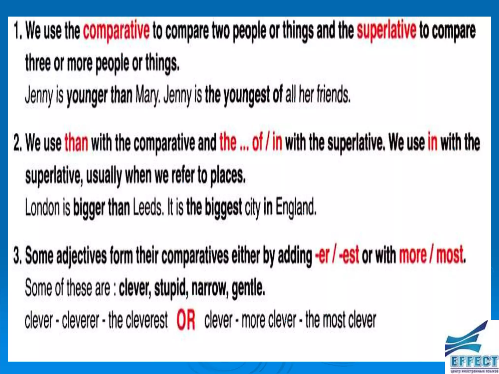 The comparative and superlative degrees of the adjectives
