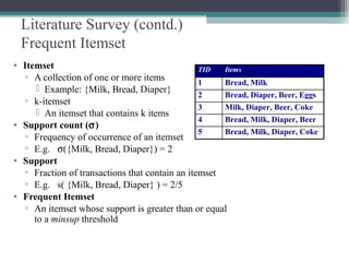 Literature Survey (contd.)
 Frequent Itemset
• Itemset                                       TID  Items
  ▫ A collection of one or more items
                                                1    Bread, Milk
       Example: {Milk, Bread, Diaper}
                                                2    Bread, Diaper, Beer, Eggs
  ▫ k-itemset
                                                3    Milk, Diaper, Beer, Coke
       An itemset that contains k items
                                                4    Bread, Milk, Diaper, Beer
• Support count (σ)
                                                5    Bread, Milk, Diaper, Coke
  ▫ Frequency of occurrence of an itemset
  ▫ E.g. σ({Milk, Bread, Diaper}) = 2
• Support
  ▫ Fraction of transactions that contain an itemset
  ▫ E.g. s( {Milk, Bread, Diaper} ) = 2/5
• Frequent Itemset
  ▫ An itemset whose support is greater than or equal
     to a minsup threshold
 