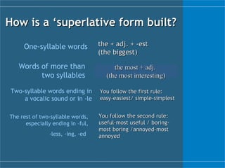 How is a ‘superlative form built? modern the + adj. + -est  (the biggest) O ne - syllable  words Words of more than two syllables Two-syllable words ending in a vocalic sound or in -le The rest of two-syllable words, especially ending in –ful, -less, -ing, -ed   the most + adj.  (the most interesting) You follow the first rule: easy-easiest/ simple-simplest You follow the second rule: useful-most useful / boring-most boring /annoyed-most annoyed 
