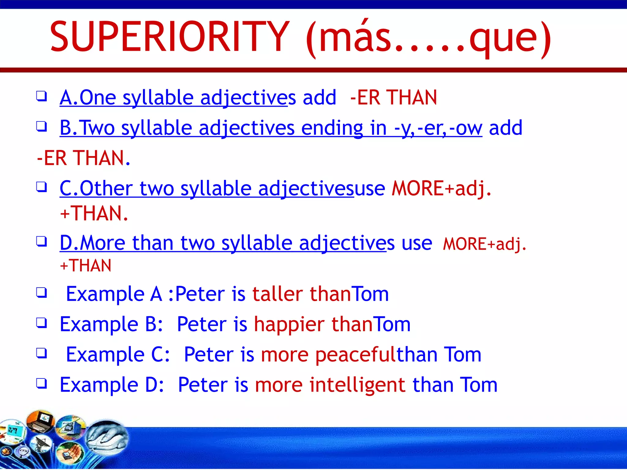A.One syllable adjective s add  -ER THAN B.Two syllable adjectives ending in -y,-er,-ow  add  -ER THAN . C.Other two syllable adjective s use  MORE+adj.+THAN . D.More than two syllable adjective s use   MORE+adj.+THAN Example A :Peter is  taller than Tom Example B:  Peter is  happier than Tom Example C:  Peter is  more peaceful than Tom Example D:  Peter is  more intelligent  than Tom SUPERIORITY (más.....que)  