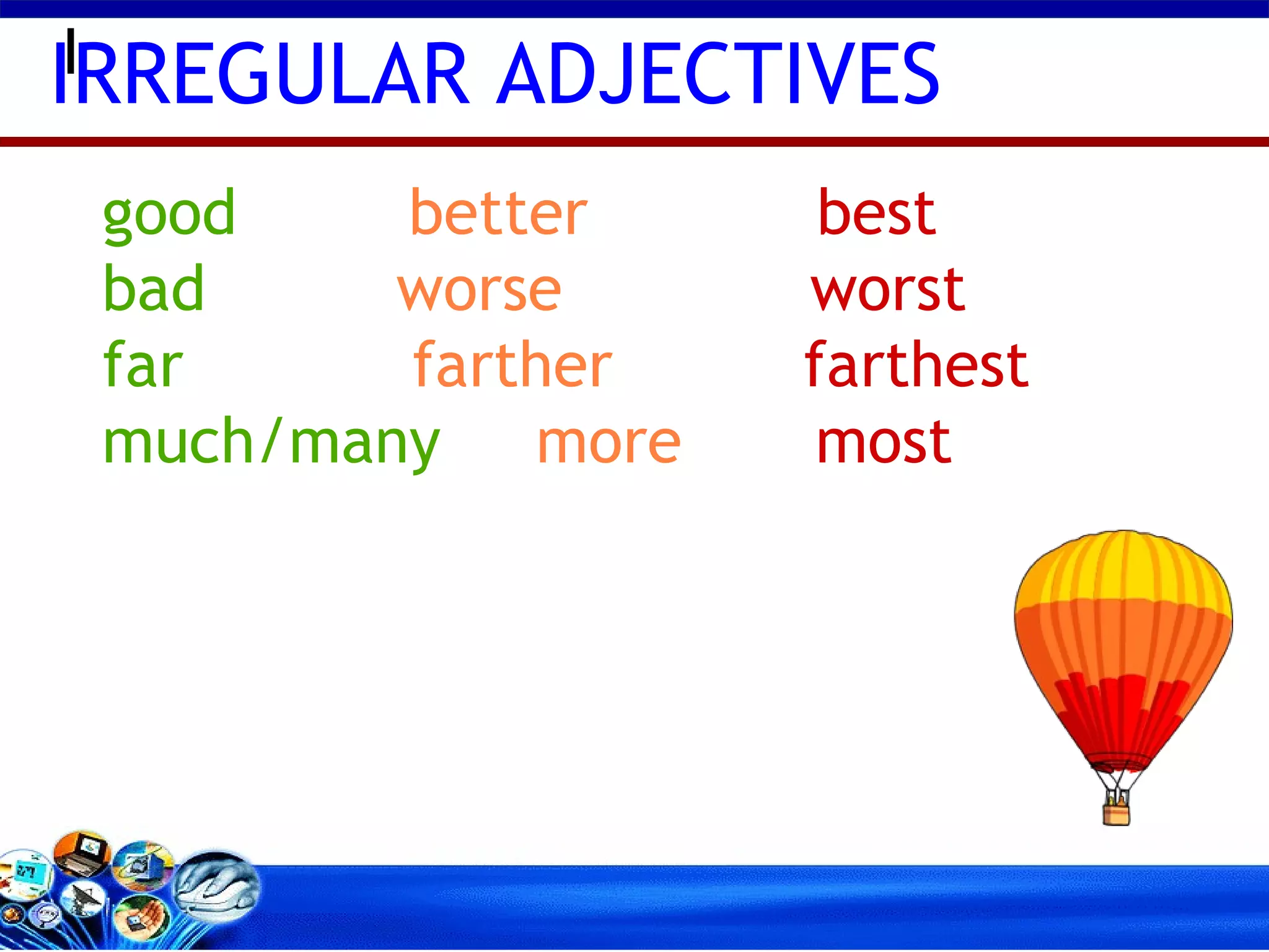 IRREGULAR ADJECTIVES I good  better  best bad  worse  worst far  farther  farthest   much/many  more  most 