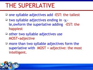 one syllable adjectives add   -EST: the tallest two syllable adjectives ending in -y,-le,owform the superlative adding   -EST: the happiest other two syllable adjectives use   MOST+adjective more than two syllable adjectives form the superlative with   MOST + adjective: the most intelligent. THE SUPERLATIVE 