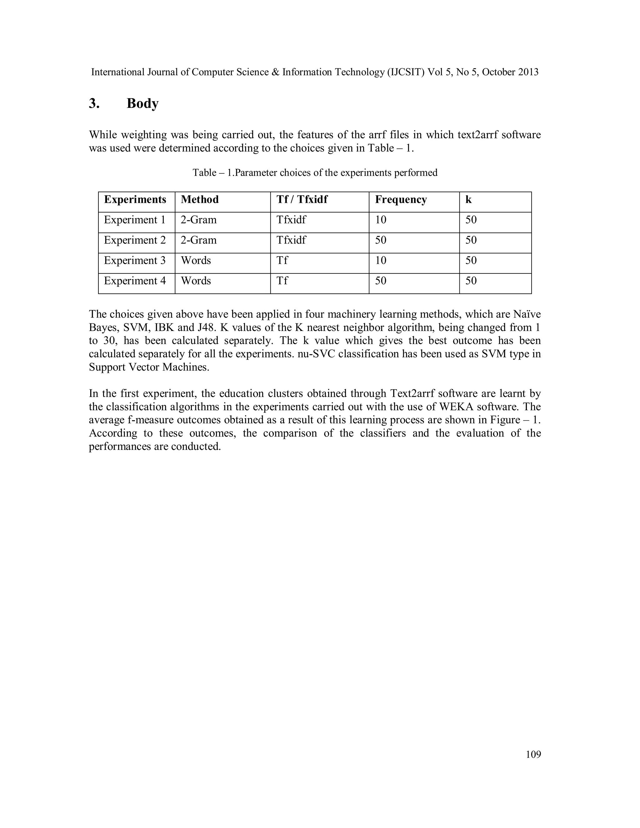 International Journal of Computer Science & Information Technology (IJCSIT) Vol 5, No 5, October 2013

3.

Body

While weighting was being carried out, the features of the arrf files in which text2arrf software
was used were determined according to the choices given in Table – 1.
Table – 1.Parameter choices of the experiments performed

Experiments

Method

Tf / Tfxidf

Frequency

k

Experiment 1

2-Gram

Tfxidf

10

50

Experiment 2

2-Gram

Tfxidf

50

50

Experiment 3

Words

Tf

10

50

Experiment 4

Words

Tf

50

50

The choices given above have been applied in four machinery learning methods, which are Naïve
Bayes, SVM, IBK and J48. K values of the K nearest neighbor algorithm, being changed from 1
to 30, has been calculated separately. The k value which gives the best outcome has been
calculated separately for all the experiments. nu-SVC classification has been used as SVM type in
Support Vector Machines.
In the first experiment, the education clusters obtained through Text2arrf software are learnt by
the classification algorithms in the experiments carried out with the use of WEKA software. The
average f-measure outcomes obtained as a result of this learning process are shown in Figure – 1.
According to these outcomes, the comparison of the classifiers and the evaluation of the
performances are conducted.

109

 