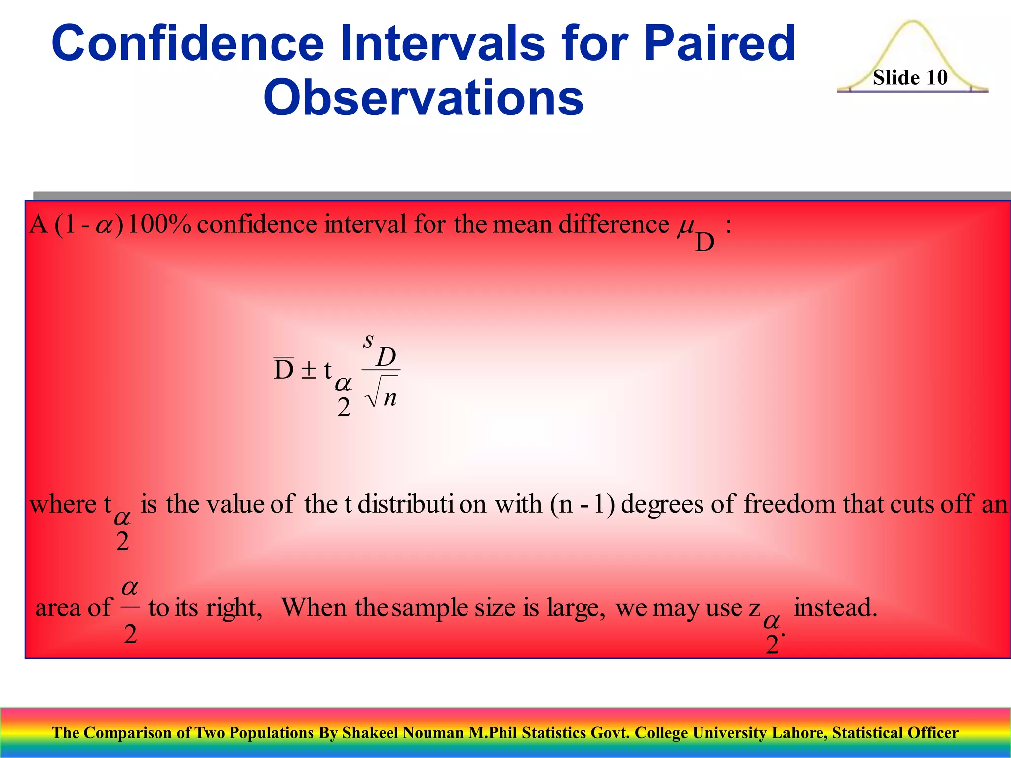 Confidence Intervals for Paired
Observations
A (1 -  ) 100% confidence interval for the mean difference 

D

Slide 10

:

s

D  t D
2 n

where t is the value of the t distributi on with (n - 1) degrees of freedom that cuts off an
2
area of



to its right, When the sample size is large, we may use z instead.
.
2
2

The Comparison of Two Populations By Shakeel Nouman M.Phil Statistics Govt. College University Lahore, Statistical Officer

 