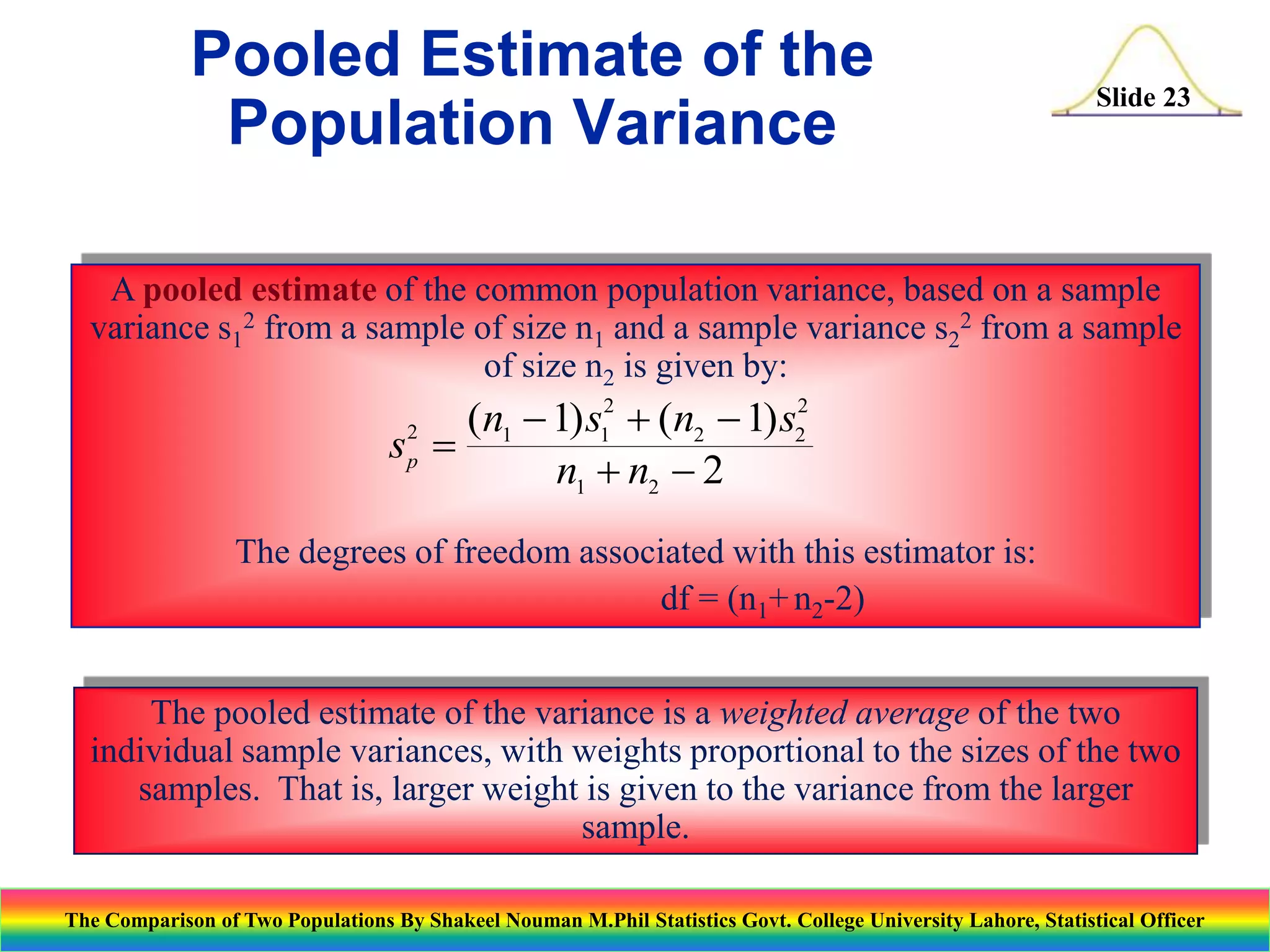 Pooled Estimate of the
Population Variance

Slide 23

A pooled estimate of the common population variance, based on a sample
variance s12 from a sample of size n1 and a sample variance s22 from a sample
of size n2 is given by:

(n1 - 1) s12 + (n2 - 1) s22
s2 
p
n1 + n2 - 2

The degrees of freedom associated with this estimator is:
df = (n1+ n2-2)
The pooled estimate of the variance is a weighted average of the two
individual sample variances, with weights proportional to the sizes of the two
samples. That is, larger weight is given to the variance from the larger
sample.
The Comparison of Two Populations By Shakeel Nouman M.Phil Statistics Govt. College University Lahore, Statistical Officer

 