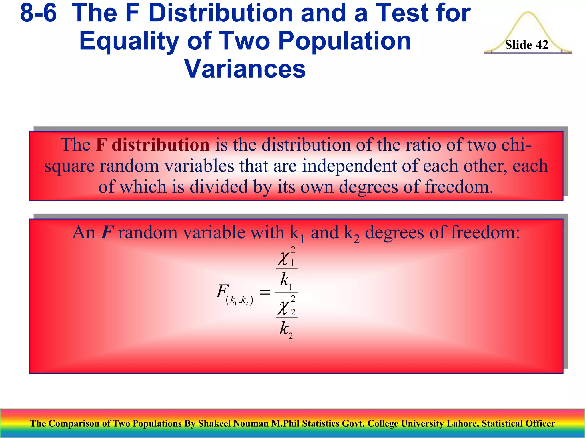 8-6 The F Distribution and a Test for
Equality of Two Population
Variances

Slide 42

The F distribution is the distribution of the ratio of two chisquare random variables that are independent of each other, each
of which is divided by its own degrees of freedom.
An F random variable with k1 and k2 degrees of freedom:
c 12
k1
F( k ,k )  2
c2
k2
1

2

The Comparison of Two Populations By Shakeel Nouman M.Phil Statistics Govt. College University Lahore, Statistical Officer

 