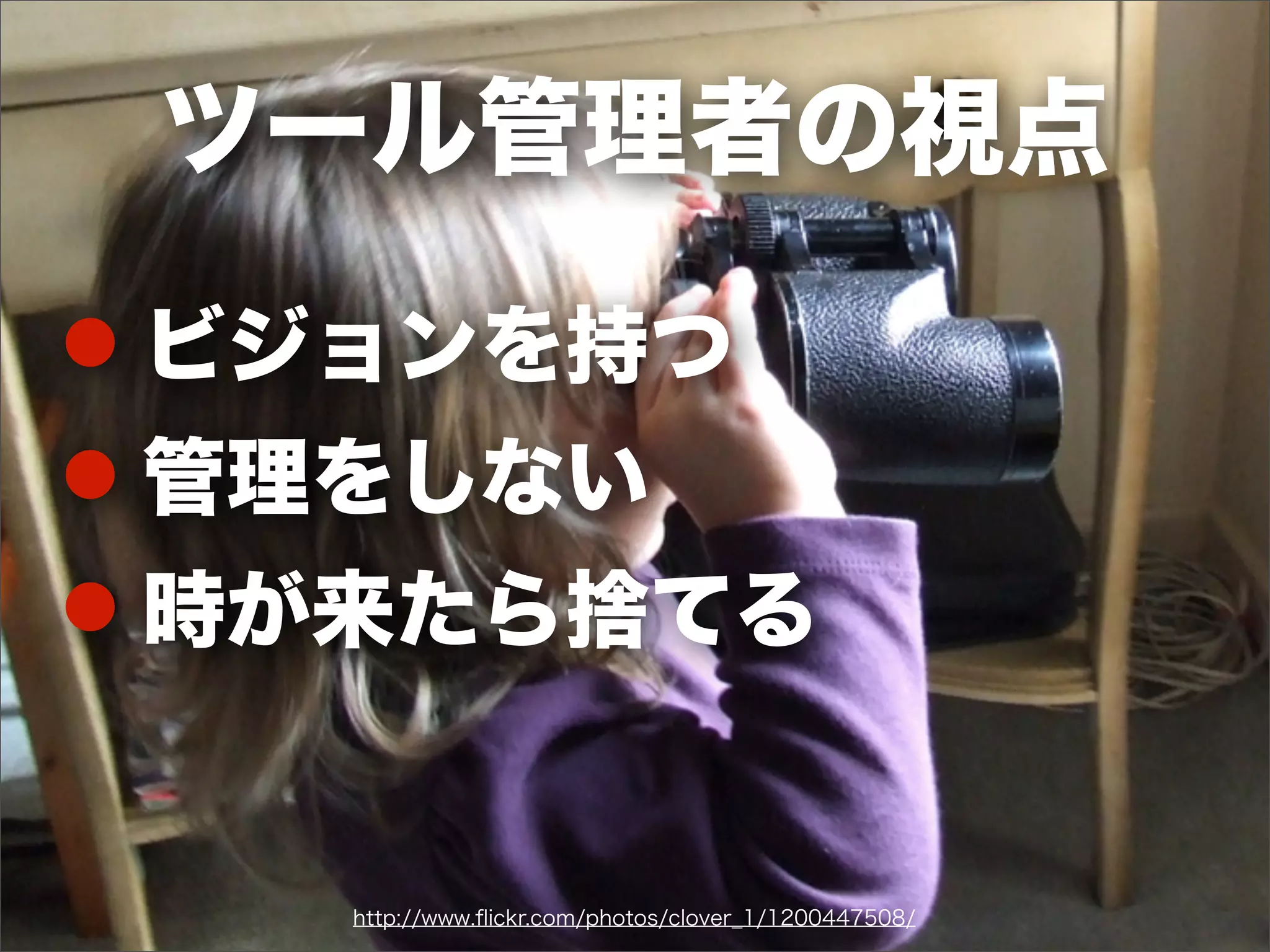 http://www.ﬂickr.com/photos/clover_1/1200447508/
! ビジョンを持つ
! 管理をしない
! 時が来たら捨てる
ツール管理者の視点
 