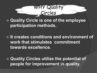 WHY Quality CirclesQuality Circle is one of the employee participation methods.It creates conditions and environment of work that stimulates  commitment towards excellence.Quality Circles utilize the potential of people for improvement in quality.