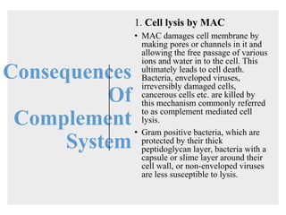 Consequences
Of
Complement
System
1. Cell lysis by MAC
• MAC damages cell membrane by
making pores or channels in it and
allowing the free passage of various
ions and water in to the cell. This
ultimately leads to cell death.
Bacteria, enveloped viruses,
irreversibly damaged cells,
cancerous cells etc. are killed by
this mechanism commonly referred
to as complement mediated cell
lysis.
• Gram positive bacteria, which are
protected by their thick
peptidoglycan layer, bacteria with a
capsule or slime layer around their
cell wall, or non-enveloped viruses
are less susceptible to lysis.
 