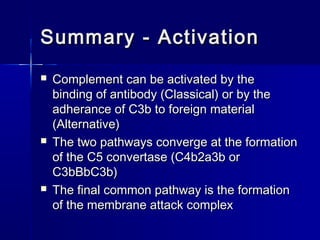 Summary -- AAccttiivvaattiioonn 
 CCoommpplleemmeenntt ccaann bbee aaccttiivvaatteedd bbyy tthhee 
bbiinnddiinngg ooff aannttiibbooddyy ((CCllaassssiiccaall)) oorr bbyy tthhee 
aaddhheerraannccee ooff CC33bb ttoo ffoorreeiiggnn mmaatteerriiaall 
((AAlltteerrnnaattiivvee)) 
 TThhee ttwwoo ppaatthhwwaayyss ccoonnvveerrggee aatt tthhee ffoorrmmaattiioonn 
ooff tthhee CC55 ccoonnvveerrttaassee ((CC44bb22aa33bb oorr 
CC33bbBBbbCC33bb)) 
 TThhee ffiinnaall ccoommmmoonn ppaatthhwwaayy iiss tthhee ffoorrmmaattiioonn 
ooff tthhee mmeemmbbrraannee aattttaacckk ccoommpplleexx 
 