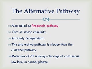 
The Alternative Pathway
 Also called as Properdin pathway
 Part of innate immunity.
 Antibody Independent.
 The alternative pathway is slower than the
Classical pathway.
 Molecules of C3 undergo cleavage at continuous
low level in normal plasma.
 