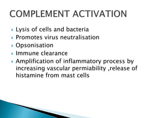  Lysis of cells and bacteria
 Promotes virus neutralisation
 Opsonisation
 Immune clearance
 Amplification of inflammatory process by
increasing vascular permiability ,release of
histamine from mast cells
 