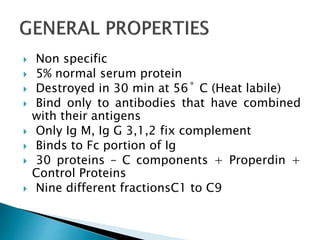  Non specific
 5% normal serum protein
 Destroyed in 30 min at 56˚ C (Heat labile)
 Bind only to antibodies that have combined
with their antigens
 Only Ig M, Ig G 3,1,2 fix complement
 Binds to Fc portion of Ig
 30 proteins – C components + Properdin +
Control Proteins
 Nine different fractionsC1 to C9
 
