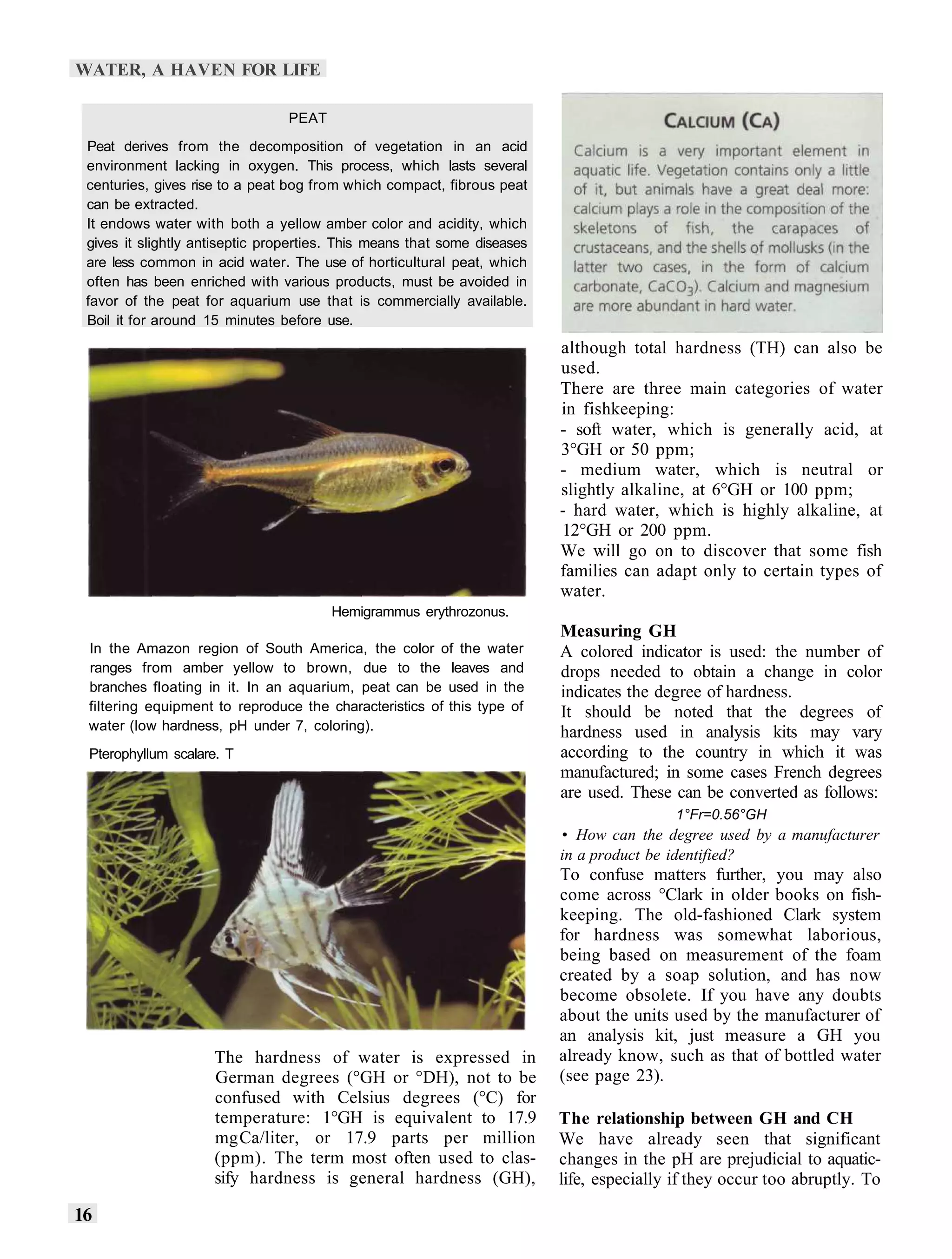 WATER, A HAVEN FOR LIFE

                                 PEAT
 Peat derives from the decomposition of vegetation in an acid
 environment lacking in oxygen. This process, which lasts several
 centuries, gives rise to a peat bog from which compact, fibrous peat
 can be extracted.
 It endows water with both a yellow amber color and acidity, which
 gives it slightly antiseptic properties. This means that some diseases
 are less common in acid water. The use of horticultural peat, which
 often has been enriched with various products, must be avoided in
 favor of the peat for aquarium use that is commercially available.
 Boil it for around 15 minutes before use.
                                                                          although total hardness (TH) can also be
                                                                          used.
                                                                          There are three main categories of water
                                                                          in fishkeeping:
                                                                          - soft water, which is generally acid, at
                                                                          3°GH or 50 ppm;
                                                                          - medium water, which is neutral or
                                                                          slightly alkaline, at 6°GH or 100 ppm;
                                                                          - hard water, which is highly alkaline, at
                                                                          12°GH or 200 ppm.
                                                                          We will go on to discover that some fish
                                                                          families can adapt only to certain types of
                                                                          water.
                                        Hemigrammus erythrozonus.
                                                                          Measuring GH
 In the Amazon region of South America, the color of the water            A colored indicator is used: the number of
 ranges from amber yellow to brown, due to the leaves and                 drops needed to obtain a change in color
 branches floating in it. In an aquarium, peat can be used in the         indicates the degree of hardness.
 filtering equipment to reproduce the characteristics of this type of     It should be noted that the degrees of
 water (low hardness, pH under 7, coloring).                              hardness used in analysis kits may vary
 Pterophyllum scalare. T                                                  according to the country in which it was
                                                                          manufactured; in some cases French degrees
                                                                          are used. These can be converted as follows:
                                                                                           1°Fr=0.56°GH
                                                                          • How can the degree used by a manufacturer
                                                                          in a product be identified?
                                                                          To confuse matters further, you may also
                                                                          come across °Clark in older books on fish-
                                                                          keeping. The old-fashioned Clark system
                                                                          for hardness was somewhat laborious,
                                                                          being based on measurement of the foam
                                                                          created by a soap solution, and has now
                                                                          become obsolete. If you have any doubts
                                                                          about the units used by the manufacturer of
                                                                          an analysis kit, just measure a GH you
                     The hardness of water is expressed in                already know, such as that of bottled water
                     German degrees (°GH or °DH), not to be               (see page 23).
                     confused with Celsius degrees (°C) for
                     temperature: 1°GH is equivalent to 17.9              The relationship between GH and CH
                     mg Ca/liter, or 17.9 parts per million               We have already seen that significant
                     (ppm). The term most often used to clas-             changes in the pH are prejudicial to aquatic-
                     sify hardness is general hardness (GH),              life, especially if they occur too abruptly. To

16
 