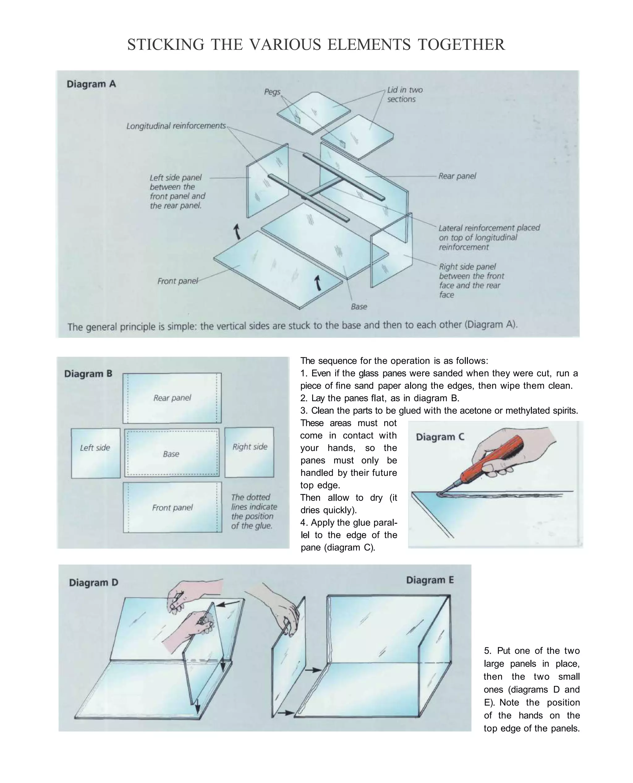 STICKING THE VARIOUS ELEMENTS TOGETHER




                 The sequence for the operation is as follows:
                 1. Even if the glass panes were sanded when they were cut, run a
                 piece of fine sand paper along the edges, then wipe them clean.
                 2. Lay the panes flat, as in diagram B.
                 3. Clean the parts to be glued with the acetone or methylated spirits.
                 These areas must not
                 come in contact with
                 your hands, so the
                 panes must only be
                 handled by their future
                 top edge.
                 Then allow to dry (it
                 dries quickly).
                 4. Apply the glue paral-
                 lel to the edge of the
                 pane (diagram C).




                                                               5. Put one of the two
                                                               large panels in place,
                                                               then the two small
                                                               ones (diagrams D and
                                                               E). Note the position
                                                               of the hands on the
                                                               top edge of the panels.
 