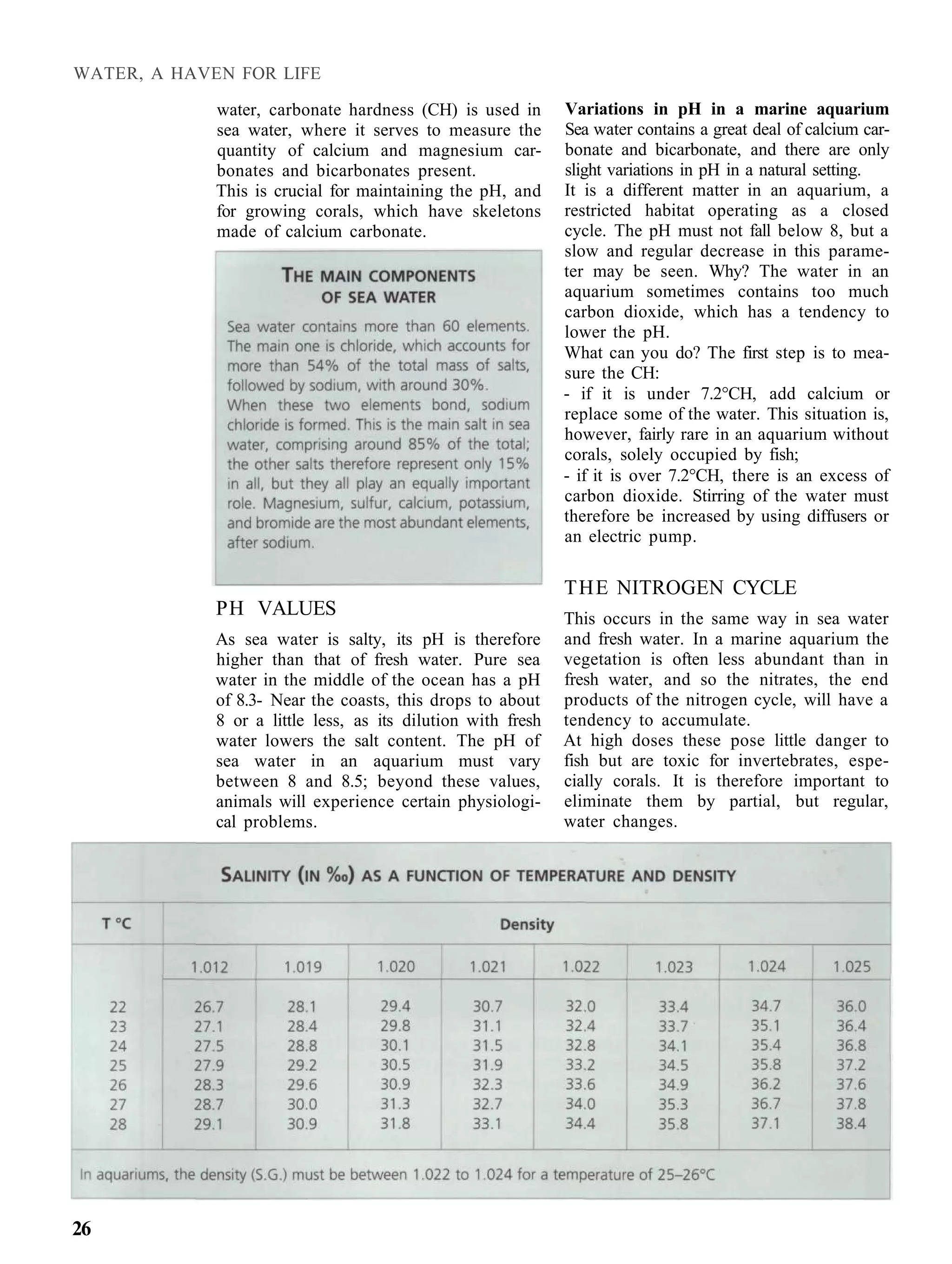 WATER, A HAVEN FOR LIFE

             water, carbonate hardness (CH) is used in        Variations in pH in a marine aquarium
             sea water, where it serves to measure the        Sea water contains a great deal of calcium car-
             quantity of calcium and magnesium car-           bonate and bicarbonate, and there are only
             bonates and bicarbonates present.                slight variations in pH in a natural setting.
             This is crucial for maintaining the pH, and      It is a different matter in an aquarium, a
             for growing corals, which have skeletons         restricted habitat operating as a closed
             made of calcium carbonate.                       cycle. The pH must not fall below 8, but a
                                                              slow and regular decrease in this parame-
                                                              ter may be seen. Why? The water in an
                                                              aquarium sometimes contains too much
                                                              carbon dioxide, which has a tendency to
                                                              lower the pH.
                                                              What can you do? The first step is to mea-
                                                              sure the CH:
                                                              - if it is under 7.2°CH, add calcium or
                                                              replace some of the water. This situation is,
                                                              however, fairly rare in an aquarium without
                                                              corals, solely occupied by fish;
                                                              - if it is over 7.2°CH, there is an excess of
                                                              carbon dioxide. Stirring of the water must
                                                              therefore be increased by using diffusers or
                                                              an electric pump.

                                                              THE NITROGEN CYCLE
             PH VALUES                                        This occurs in the same way in sea water
             As sea water is salty, its pH is therefore       and fresh water. In a marine aquarium the
             higher than that of fresh water. Pure sea        vegetation is often less abundant than in
             water in the middle of the ocean has a pH        fresh water, and so the nitrates, the end
             of 8.3- Near the coasts, this drops to about     products of the nitrogen cycle, will have a
             8 or a little less, as its dilution with fresh   tendency to accumulate.
             water lowers the salt content. The pH of         At high doses these pose little danger to
             sea water in an aquarium must vary               fish but are toxic for invertebrates, espe-
             between 8 and 8.5; beyond these values,          cially corals. It is therefore important to
             animals will experience certain physiologi-      eliminate them by partial, but regular,
             cal problems.                                    water changes.




26
 
