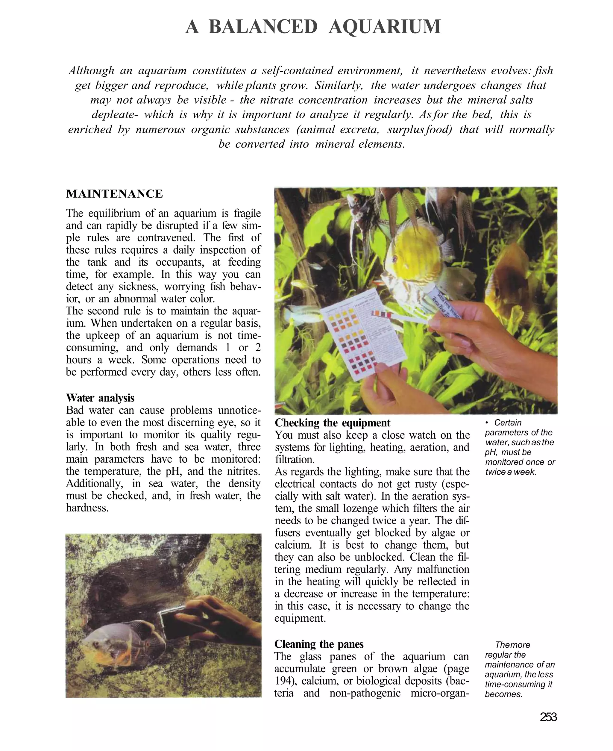 A BALANCED AQUARIUM

Although an aquarium constitutes a self-contained environment, it nevertheless evolves: fish
 get bigger and reproduce, while plants grow. Similarly, the water undergoes changes that
    may not always be visible - the nitrate concentration increases but the mineral salts
     depleate- which is why it is important to analyze it regularly. As for the bed, this is
enriched by numerous organic substances (animal excreta, surplus food) that will normally
                            be converted into mineral elements.



MAINTENANCE
The equilibrium of an aquarium is fragile
and can rapidly be disrupted if a few sim-
ple rules are contravened. The first of
these rules requires a daily inspection of
the tank and its occupants, at feeding
time, for example. In this way you can
detect any sickness, worrying fish behav-
ior, or an abnormal water color.
The second rule is to maintain the aquar-
ium. When undertaken on a regular basis,
the upkeep of an aquarium is not time-
consuming, and only demands 1 or 2
hours a week. Some operations need to
be performed every day, others less often.

Water analysis
Bad water can cause problems unnotice-
able to even the most discerning eye, so it   Checking the equipment                          • Certain
is important to monitor its quality regu-     You must also keep a close watch on the         parameters of the
                                                                                              water, such as the
larly. In both fresh and sea water, three     systems for lighting, heating, aeration, and    pH, must be
main parameters have to be monitored:         filtration.                                     monitored once or
the temperature, the pH, and the nitrites.    As regards the lighting, make sure that the     twice a week.
Additionally, in sea water, the density       electrical contacts do not get rusty (espe-
must be checked, and, in fresh water, the     cially with salt water). In the aeration sys-
hardness.                                     tem, the small lozenge which filters the air
                                              needs to be changed twice a year. The dif-
                                              fusers eventually get blocked by algae or
                                              calcium. It is best to change them, but
                                              they can also be unblocked. Clean the fil-
                                              tering medium regularly. Any malfunction
                                              in the heating will quickly be reflected in
                                              a decrease or increase in the temperature:
                                              in this case, it is necessary to change the
                                              equipment.

                                              Cleaning the panes                                 The more
                                              The glass panes of the aquarium can             regular the
                                                                                              maintenance of an
                                              accumulate green or brown algae (page           aquarium, the less
                                              194), calcium, or biological deposits (bac-     time-consuming it
                                              teria and non-pathogenic micro-organ-           becomes.

                                                                                                            253
 