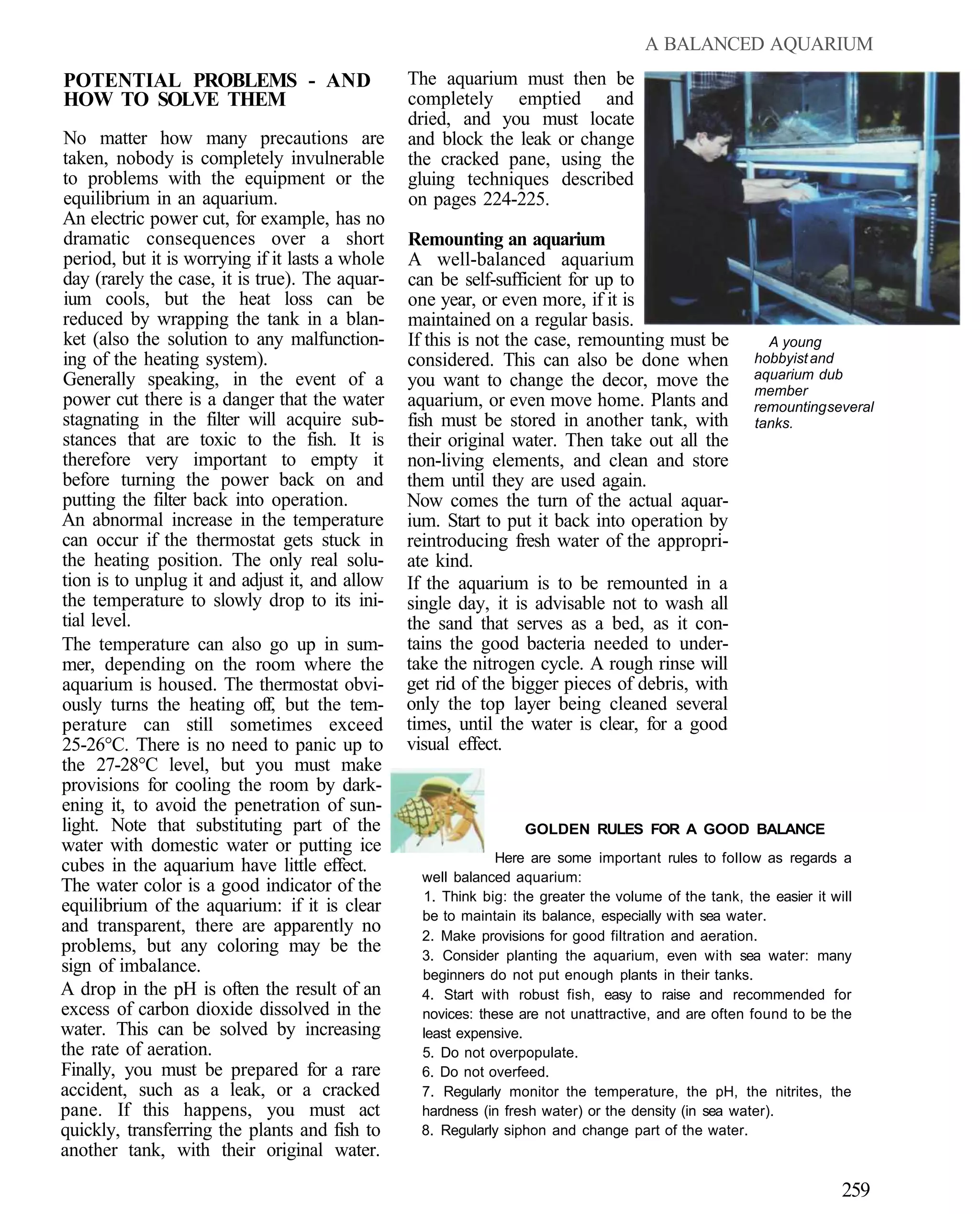A BALANCED AQUARIUM
POTENTIAL PROBLEMS - AND                         The aquarium must then be
HOW TO SOLVE THEM                                completely emptied and
                                                 dried, and you must locate
No matter how many precautions are               and block the leak or change
taken, nobody is completely invulnerable         the cracked pane, using the
to problems with the equipment or the            gluing techniques described
equilibrium in an aquarium.                      on pages 224-225.
An electric power cut, for example, has no
dramatic consequences over a short               Remounting an aquarium
period, but it is worrying if it lasts a whole   A well-balanced aquarium
day (rarely the case, it is true). The aquar-    can be self-sufficient for up to
ium cools, but the heat loss can be              one year, or even more, if it is
reduced by wrapping the tank in a blan-          maintained on a regular basis.
ket (also the solution to any malfunction-       If this is not the case, remounting must be             A young
ing of the heating system).                      considered. This can also be done when                hobbyist and
Generally speaking, in the event of a            you want to change the decor, move the                aquarium dub
                                                                                                       member
power cut there is a danger that the water       aquarium, or even move home. Plants and               remounting several
stagnating in the filter will acquire sub-       fish must be stored in another tank, with             tanks.
stances that are toxic to the fish. It is        their original water. Then take out all the
therefore very important to empty it             non-living elements, and clean and store
before turning the power back on and             them until they are used again.
putting the filter back into operation.          Now comes the turn of the actual aquar-
An abnormal increase in the temperature          ium. Start to put it back into operation by
can occur if the thermostat gets stuck in        reintroducing fresh water of the appropri-
the heating position. The only real solu-        ate kind.
tion is to unplug it and adjust it, and allow    If the aquarium is to be remounted in a
the temperature to slowly drop to its ini-       single day, it is advisable not to wash all
tial level.                                      the sand that serves as a bed, as it con-
The temperature can also go up in sum-           tains the good bacteria needed to under-
mer, depending on the room where the             take the nitrogen cycle. A rough rinse will
aquarium is housed. The thermostat obvi-         get rid of the bigger pieces of debris, with
ously turns the heating off, but the tem-        only the top layer being cleaned several
perature can still sometimes exceed              times, until the water is clear, for a good
25-26°C. There is no need to panic up to         visual effect.
the 27-28°C level, but you must make
provisions for cooling the room by dark-
ening it, to avoid the penetration of sun-
light. Note that substituting part of the                          GOLDEN RULES FOR A GOOD BALANCE
water with domestic water or putting ice
                                                               Here are some important rules to follow as regards a
cubes in the aquarium have little effect.
                                                   well balanced aquarium:
The water color is a good indicator of the
                                                   1. Think big: the greater the volume of the tank, the easier it will
equilibrium of the aquarium: if it is clear        be to maintain its balance, especially with sea water.
and transparent, there are apparently no           2. Make provisions for good filtration and aeration.
problems, but any coloring may be the              3. Consider planting the aquarium, even with sea water: many
sign of imbalance.                                 beginners do not put enough plants in their tanks.
A drop in the pH is often the result of an         4. Start with robust fish, easy to raise and recommended for
excess of carbon dioxide dissolved in the          novices: these are not unattractive, and are often found to be the
water. This can be solved by increasing            least expensive.
the rate of aeration.                              5. Do not overpopulate.
Finally, you must be prepared for a rare           6. Do not overfeed.
accident, such as a leak, or a cracked             7. Regularly monitor the temperature, the pH, the nitrites, the
pane. If this happens, you must act                hardness (in fresh water) or the density (in sea water).
quickly, transferring the plants and fish to       8. Regularly siphon and change part of the water.
another tank, with their original water.

                                                                                                                     259
 