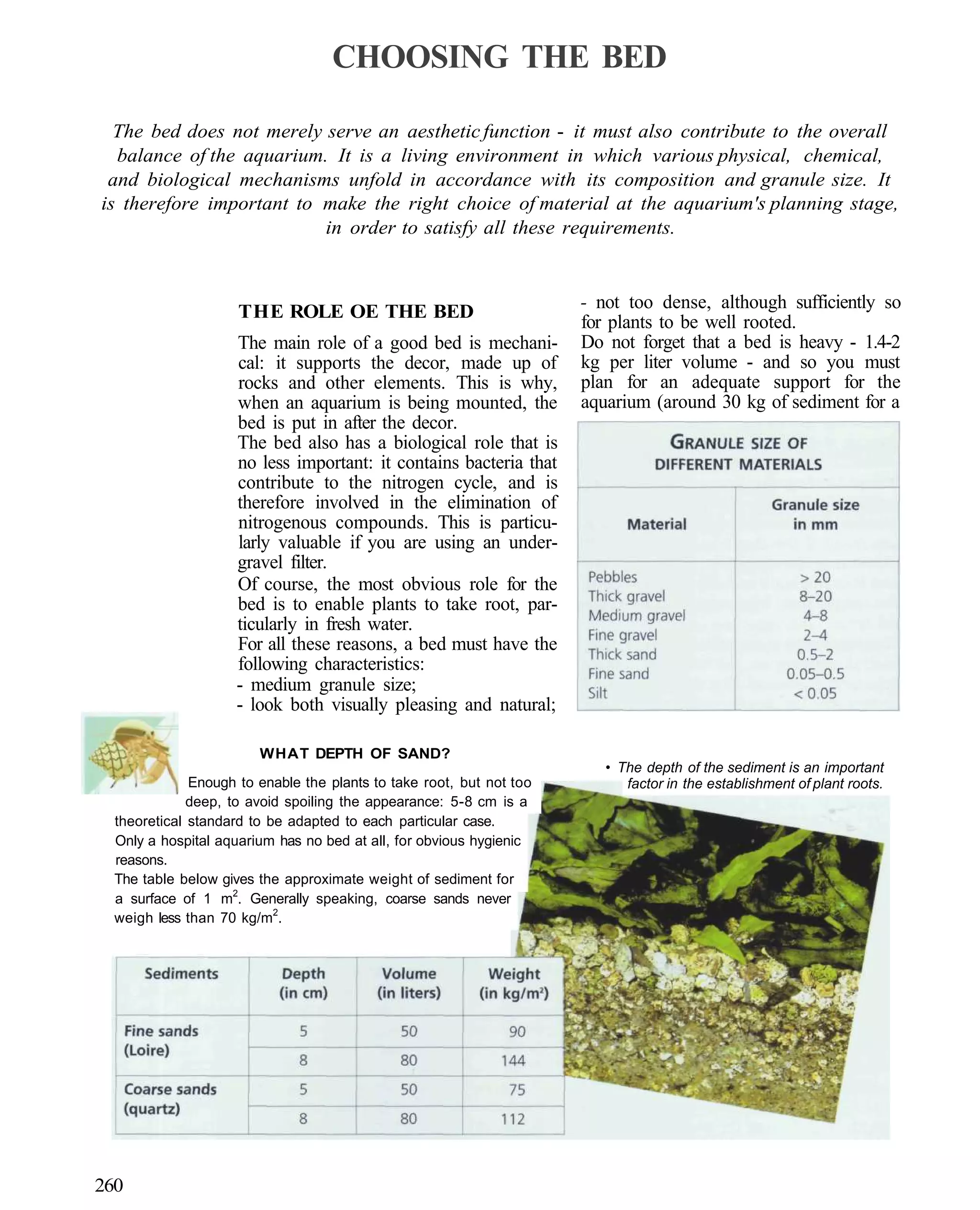 CHOOSING THE BED

  The bed does not merely serve an aesthetic function - it must also contribute to the overall
  balance of the aquarium. It is a living environment in which various physical, chemical,
 and biological mechanisms unfold in accordance with its composition and granule size. It
is therefore important to make the right choice of material at the aquarium's planning stage,
                          in order to satisfy all these requirements.



                     THE ROLE OE THE BED                              - not too dense, although sufficiently so
                                                                      for plants to be well rooted.
                     The main role of a good bed is mechani-          Do not forget that a bed is heavy - 1.4-2
                     cal: it supports the decor, made up of           kg per liter volume - and so you must
                     rocks and other elements. This is why,           plan for an adequate support for the
                     when an aquarium is being mounted, the           aquarium (around 30 kg of sediment for a
                     bed is put in after the decor.
                     The bed also has a biological role that is
                     no less important: it contains bacteria that
                     contribute to the nitrogen cycle, and is
                     therefore involved in the elimination of
                     nitrogenous compounds. This is particu-
                     larly valuable if you are using an under-
                     gravel filter.
                     Of course, the most obvious role for the
                     bed is to enable plants to take root, par-
                     ticularly in fresh water.
                     For all these reasons, a bed must have the
                     following characteristics:
                     - medium granule size;
                     - look both visually pleasing and natural;

                        WHAT DEPTH OF SAND?
                                                                         • The depth of the sediment is an important
              Enough to enable the plants to take root, but not too         factor in the establishment of plant roots.
              deep, to avoid spoiling the appearance: 5-8 cm is a
  theoretical standard to be adapted to each particular case.
  Only a hospital aquarium has no bed at all, for obvious hygienic
  reasons.
  The table below gives the approximate weight of sediment for
  a surface of 1 m2. Generally speaking, coarse sands never
  weigh less than 70 kg/m2.




260
 