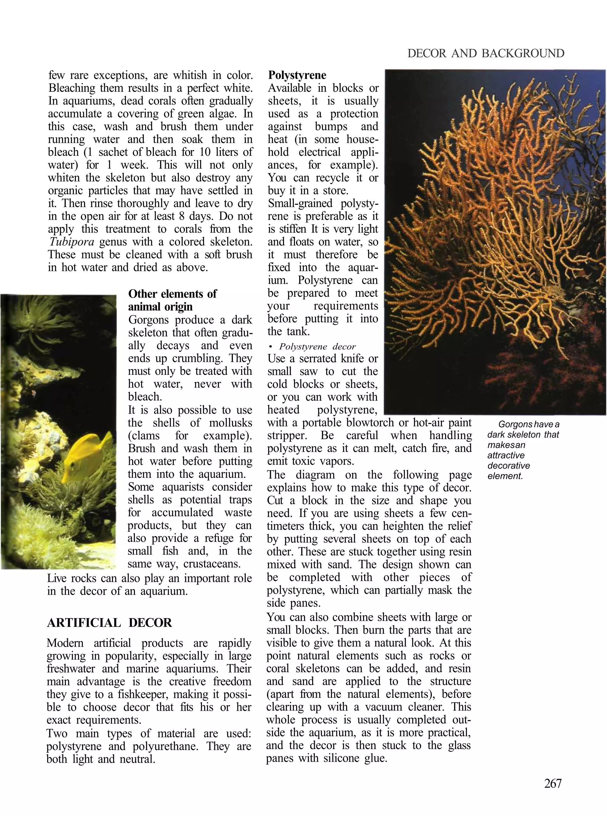 DECOR AND BACKGROUND
few rare exceptions, are whitish in color.    Polystyrene
Bleaching them results in a perfect white.    Available in blocks or
In aquariums, dead corals often gradually     sheets, it is usually
accumulate a covering of green algae. In      used as a protection
this case, wash and brush them under          against bumps and
running water and then soak them in           heat (in some house-
bleach (1 sachet of bleach for 10 liters of   hold electrical appli-
water) for 1 week. This will not only         ances, for example).
whiten the skeleton but also destroy any      You can recycle it or
organic particles that may have settled in    buy it in a store.
it. Then rinse thoroughly and leave to dry    Small-grained polysty-
in the open air for at least 8 days. Do not   rene is preferable as it
apply this treatment to corals from the       is stiffen It is very light
Tubipora genus with a colored skeleton.       and floats on water, so
These must be cleaned with a soft brush       it must therefore be
in hot water and dried as above.              fixed into the aquar-
                                              ium. Polystyrene can
                 Other elements of            be prepared to meet
                 animal origin                your        requirements
                 Gorgons produce a dark       before putting it into
                 skeleton that often gradu-   the tank.
                 ally decays and even         • Polystyrene decor
                 ends up crumbling. They      Use a serrated knife or
                 must only be treated with    small saw to cut the
                 hot water, never with        cold blocks or sheets,
                 bleach.                      or you can work with
                 It is also possible to use   heated polystyrene,
                 the shells of mollusks       with a portable blowtorch or hot-air paint        Gorgons have a
                 (clams for example).         stripper. Be careful when handling             dark skeleton that
                 Brush and wash them in       polystyrene as it can melt, catch fire, and    makes an
                                                                                             attractive
                 hot water before putting     emit toxic vapors.                             decorative
                 them into the aquarium.      The diagram on the following page              element.
                 Some aquarists consider      explains how to make this type of decor.
                 shells as potential traps    Cut a block in the size and shape you
                 for accumulated waste        need. If you are using sheets a few cen-
                 products, but they can       timeters thick, you can heighten the relief
                 also provide a refuge for    by putting several sheets on top of each
                 small fish and, in the       other. These are stuck together using resin
                 same way, crustaceans.       mixed with sand. The design shown can
Live rocks can also play an important role    be completed with other pieces of
in the decor of an aquarium.                  polystyrene, which can partially mask the
                                              side panes.
ARTIFICIAL DECOR                              You can also combine sheets with large or
                                              small blocks. Then burn the parts that are
Modern artificial products are rapidly        visible to give them a natural look. At this
growing in popularity, especially in large    point natural elements such as rocks or
freshwater and marine aquariums. Their        coral skeletons can be added, and resin
main advantage is the creative freedom        and sand are applied to the structure
they give to a fishkeeper, making it possi-   (apart from the natural elements), before
ble to choose decor that fits his or her      clearing up with a vacuum cleaner. This
exact requirements.                           whole process is usually completed out-
Two main types of material are used:          side the aquarium, as it is more practical,
polystyrene and polyurethane. They are        and the decor is then stuck to the glass
both light and neutral.                       panes with silicone glue.

                                                                                                           267
 