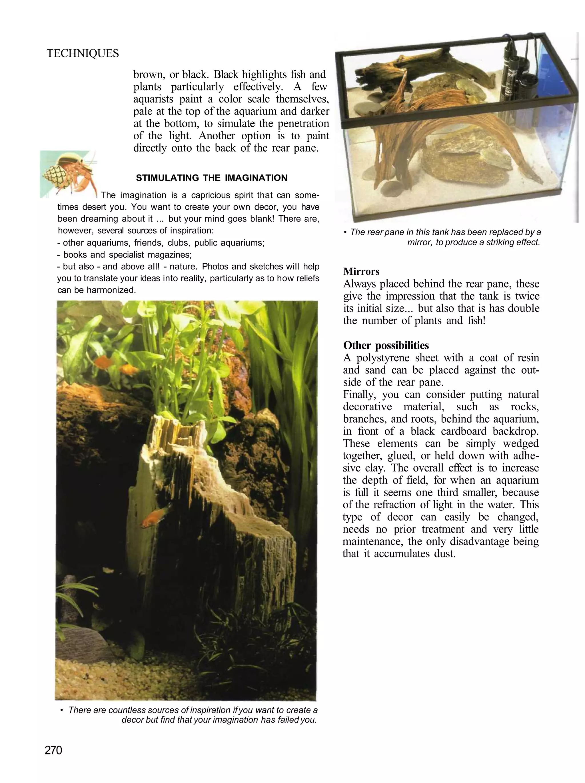 TECHNIQUES
                      brown, or black. Black highlights fish and
                      plants particularly effectively. A few
                      aquarists paint a color scale themselves,
                      pale at the top of the aquarium and darker
                      at the bottom, to simulate the penetration
                      of the light. Another option is to paint
                      directly onto the back of the rear pane.

                       STIMULATING THE IMAGINATION
              The imagination is a capricious spirit that can some-
  times desert you. You want to create your own decor, you have
  been dreaming about it ... but your mind goes blank! There are,
  however, several sources of inspiration:                                   • The rear pane in this tank has been replaced by a
  - other aquariums, friends, clubs, public aquariums;                                       mirror, to produce a striking effect.
  - books and specialist magazines;
  - but also - and above all! - nature. Photos and sketches will help
                                                                             Mirrors
  you to translate your ideas into reality, particularly as to how reliefs
  can be harmonized.
                                                                             Always placed behind the rear pane, these
                                                                             give the impression that the tank is twice
                                                                             its initial size... but also that is has double
                                                                             the number of plants and fish!

                                                                             Other possibilities
                                                                             A polystyrene sheet with a coat of resin
                                                                             and sand can be placed against the out-
                                                                             side of the rear pane.
                                                                             Finally, you can consider putting natural
                                                                             decorative material, such as rocks,
                                                                             branches, and roots, behind the aquarium,
                                                                             in front of a black cardboard backdrop.
                                                                             These elements can be simply wedged
                                                                             together, glued, or held down with adhe-
                                                                             sive clay. The overall effect is to increase
                                                                             the depth of field, for when an aquarium
                                                                             is full it seems one third smaller, because
                                                                             of the refraction of light in the water. This
                                                                             type of decor can easily be changed,
                                                                             needs no prior treatment and very little
                                                                             maintenance, the only disadvantage being
                                                                             that it accumulates dust.




  • There are countless sources of inspiration if you want to create a
                 decor but find that your imagination has failed you.


270
 