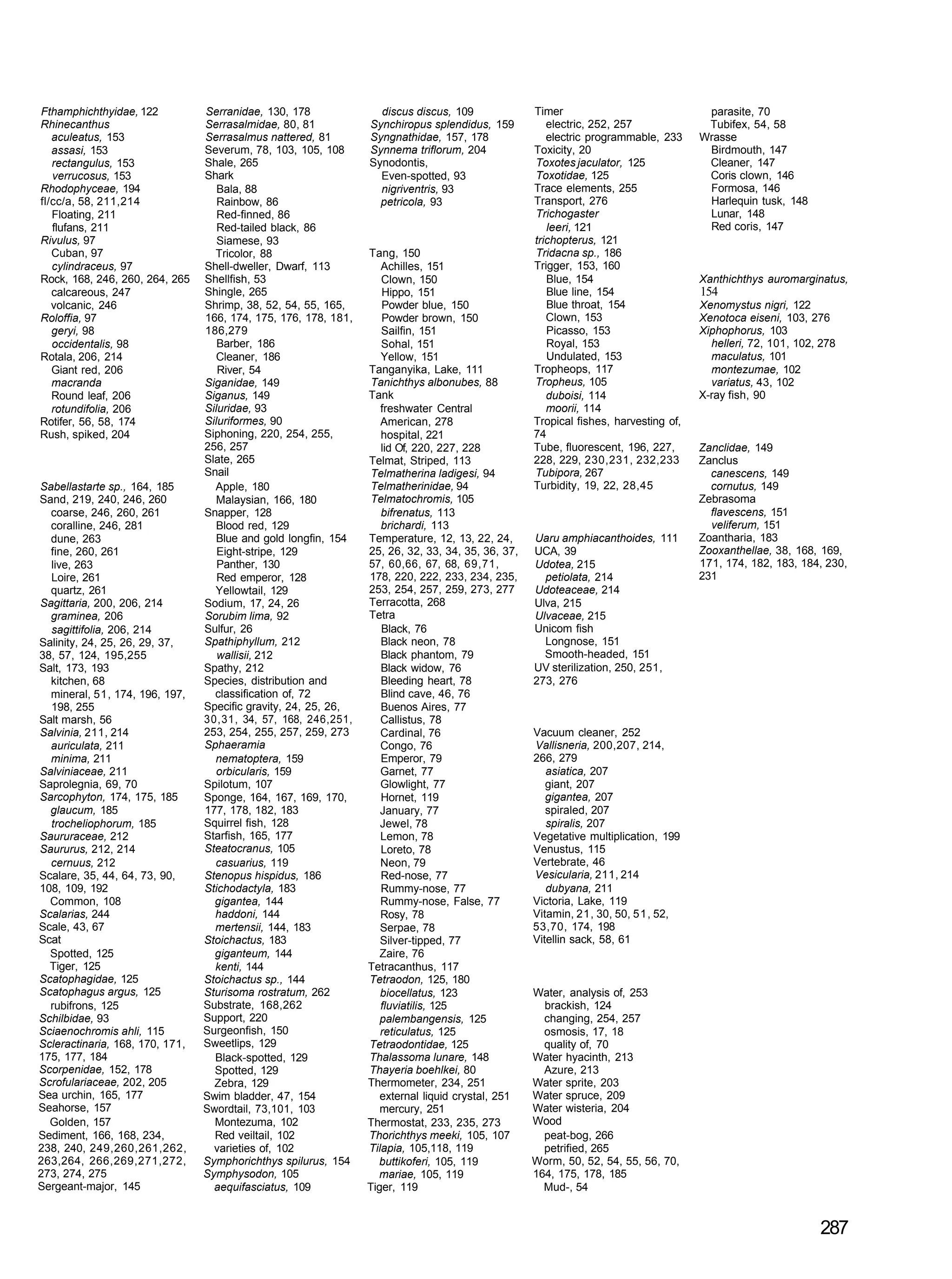 Fthamphichthyidae, 122           Serranidae, 130, 178              discus discus, 109              Timer                              parasite, 70
Rhinecanthus                     Serrasalmidae, 80, 81           Synchiropus splendidus, 159          electric, 252, 257              Tubifex, 54, 58
   aculeatus, 153                Serrasalmus nattered, 81        Syngnathidae, 157, 178               electric programmable, 233     Wrasse
   assasi, 153                   Severum, 78, 103, 105, 108      Synnema triflorum, 204            Toxicity, 20                       Birdmouth, 147
   rectangulus, 153              Shale, 265                      Synodontis,                       Toxotes jaculator, 125             Cleaner, 147
   verrucosus, 153               Shark                             Even-spotted, 93                Toxotidae, 125                     Coris clown, 146
Rhodophyceae, 194                   Bala, 88                       nigriventris, 93                Trace elements, 255                Formosa, 146
fl/cc/a, 58, 211,214                Rainbow, 86                    petricola, 93                   Transport, 276                     Harlequin tusk, 148
   Floating, 211                    Red-finned, 86                                                 Trichogaster                       Lunar, 148
   flufans, 211                     Red-tailed black, 86                                              leeri, 121                      Red coris, 147
Rivulus, 97                         Siamese, 93                                                    trichopterus, 121
   Cuban, 97                       Tricolor, 88                  Tang, 150                         Tridacna sp., 186
   cylindraceus, 97              Shell-dweller, Dwarf, 113          Achilles, 151                  Trigger, 153, 160
Rock, 168, 246, 260, 264, 265    Shellfish, 53                      Clown, 150                        Blue, 154                      Xanthichthys auromarginatus,
   calcareous, 247               Shingle, 265                       Hippo, 151                        Blue line, 154                 154
   volcanic, 246                 Shrimp, 38, 52, 54, 55, 165,       Powder blue, 150                  Blue throat, 154               Xenomystus nigri, 122
Roloffia, 97                     166, 174, 175, 176, 178, 181,      Powder brown, 150                 Clown, 153                     Xenotoca eiseni, 103, 276
   geryi, 98                     186,279                            Sailfin, 151                      Picasso, 153                   Xiphophorus, 103
   occidentalis, 98                 Barber, 186                     Sohal, 151                        Royal, 153                       helleri, 72, 101, 102, 278
Rotala, 206, 214                    Cleaner, 186                    Yellow, 151                       Undulated, 153                   maculatus, 101
   Giant red, 206                   River, 54                    Tanganyika, Lake, 111             Tropheops, 117                      montezumae, 102
   macranda                      Siganidae, 149                   Tanichthys albonubes, 88         Tropheus, 105                       variatus, 43, 102
   Round leaf, 206               Siganus, 149                    Tank                                 duboisi, 114                   X-ray fish, 90
   rotundifolia, 206             Siluridae, 93                      freshwater Central                moorii, 114
Rotifer, 56, 58, 174             Siluriformes, 90                   American, 278                  Tropical fishes, harvesting of,
Rush, spiked, 204                Siphoning, 220, 254, 255,          hospital, 221                  74
                                 256, 257                           lid Of, 220, 227, 228          Tube, fluorescent, 196, 227,      Zanclidae, 149
                                 Slate, 265                      Telmat, Striped, 113              228, 229, 230,231, 232,233        Zanclus
                                 Snail                            Telmatherina ladigesi, 94        Tubipora, 267                       canescens, 149
Sabellastarte sp., 164, 185        Apple, 180                     Telmatherinidae, 94              Turbidity, 19, 22, 28,45            cornutus, 149
Sand, 219, 240, 246, 260            Malaysian, 166, 180           Telmatochromis, 105                                                Zebrasoma
  coarse, 246, 260, 261          Snapper, 128                       bifrenatus, 113                                                    flavescens, 151
  coralline, 246, 281               Blood red, 129                  brichardi, 113                                                     veliferum, 151
  dune, 263                         Blue and gold longfin, 154   Temperature, 12, 13, 22, 24,      Uaru amphiacanthoides, 111        Zoantharia, 183
  fine, 260, 261                    Eight-stripe, 129            25, 26, 32, 33, 34, 35, 36, 37,   UCA, 39                           Zooxanthellae, 38, 168, 169,
  live, 263                         Panther, 130                 57, 60,66, 67, 68, 69,71,         Udotea, 215                       171, 174, 182, 183, 184, 230,
  Loire, 261                        Red emperor, 128             178, 220, 222, 233, 234, 235,       petiolata, 214                  231
  quartz, 261                      Yellowtail, 129               253, 254, 257, 259, 273, 277      Udoteaceae, 214
Sagittaria, 200, 206, 214        Sodium, 17, 24, 26              Terracotta, 268                   Ulva, 215
  graminea, 206                  Sorubim lima, 92                Tetra                             Ulvaceae, 215
  sagittifolia, 206, 214         Sulfur, 26                         Black, 76                      Unicom fish
Salinity, 24, 25, 26, 29, 37,    Spathiphyllum, 212                 Black neon, 78                   Longnose, 151
38, 57, 124, 195,255                wallisii, 212                   Black phantom, 79                Smooth-headed, 151
Salt, 173, 193                   Spathy, 212                        Black widow, 76                UV sterilization, 250, 251,
  kitchen, 68                    Species, distribution and          Bleeding heart, 78             273, 276
  mineral, 51, 174, 196, 197,      classification of, 72            Blind cave, 46, 76
  198, 255                       Specific gravity, 24, 25, 26,      Buenos Aires, 77
Salt marsh, 56                   30,31, 34, 57, 168, 246,251,       Callistus, 78
Salvinia, 211, 214               253, 254, 255, 257, 259, 273       Cardinal, 76                   Vacuum cleaner, 252
  auriculata, 211                Sphaeramia                         Congo, 76                      Vallisneria, 200,207, 214,
  minima, 211                      nematoptera, 159                 Emperor, 79                    266, 279
Salviniaceae, 211                   orbicularis, 159                Garnet, 77                        asiatica, 207
Saprolegnia, 69, 70              Spilotum, 107                      Glowlight, 77                     giant, 207
Sarcophyton, 174, 175, 185       Sponge, 164, 167, 169, 170,        Hornet, 119                       gigantea, 207
  glaucum, 185                   177, 178, 182, 183                 January, 77                       spiraled, 207
  trocheliophorum, 185           Squirrel fish, 128                 Jewel, 78                         spiralis, 207
Saururaceae, 212                 Starfish, 165, 177                 Lemon, 78                      Vegetative multiplication, 199
Saururus, 212, 214               Steatocranus, 105                  Loreto, 78                     Venustus, 115
  cernuus, 212                     casuarius, 119                   Neon, 79                       Vertebrate, 46
Scalare, 35, 44, 64, 73, 90,     Stenopus hispidus, 186             Red-nose, 77                   Vesicularia, 211, 214
108, 109, 192                    Stichodactyla, 183                 Rummy-nose, 77                    dubyana, 211
  Common, 108                      gigantea, 144                    Rummy-nose, False, 77          Victoria, Lake, 119
Scalarias, 244                     haddoni, 144                     Rosy, 78                       Vitamin, 21, 30, 50, 51, 52,
Scale, 43, 67                      mertensii, 144, 183              Serpae, 78                     53,70, 174, 198
Scat                             Stoichactus, 183                   Silver-tipped, 77              Vitellin sack, 58, 61
  Spotted, 125                     giganteum, 144                   Zaire, 76
  Tiger, 125                       kenti, 144                    Tetracanthus, 117
Scatophagidae, 125               Stoichactus sp., 144            Tetraodon, 125, 180
Scatophagus argus, 125           Sturisoma rostratum, 262           biocellatus, 123               Water, analysis of, 253
  rubifrons, 125                 Substrate, 168,262                 fluviatilis, 125                 brackish, 124
Schilbidae, 93                   Support, 220                       palembangensis, 125              changing, 254, 257
Sciaenochromis ahli, 115         Surgeonfish, 150                   reticulatus, 125                 osmosis, 17, 18
Scleractinaria, 168, 170, 171,   Sweetlips, 129                  Tetraodontidae, 125                 quality of, 70
175, 177, 184                      Black-spotted, 129            Thalassoma lunare, 148            Water hyacinth, 213
Scorpenidae, 152, 178              Spotted, 129                  Thayeria boehlkei, 80               Azure, 213
Scrofulariaceae, 202, 205          Zebra, 129                    Thermometer, 234, 251             Water sprite, 203
Sea urchin, 165, 177             Swim bladder, 47, 154              external liquid crystal, 251   Water spruce, 209
Seahorse, 157                    Swordtail, 73,101, 103             mercury, 251                   Water wisteria, 204
  Golden, 157                      Montezuma, 102                Thermostat, 233, 235, 273         Wood
Sediment, 166, 168, 234,           Red veiltail, 102             Thorichthys meeki, 105, 107         peat-bog, 266
238, 240, 249,260,261,262,         varieties of, 102             Tilapia, 105,118, 119               petrified, 265
263,264, 266,269,271,272,        Symphorichthys spilurus, 154      buttikoferi, 105, 119           Worm, 50, 52, 54, 55, 56, 70,
273, 274, 275                    Symphysodon, 105                  mariae, 105, 119                164, 175, 178, 185
Sergeant-major, 145                aequifasciatus, 109           Tiger, 119                          Mud-, 54


                                                                                                                                                             287
 