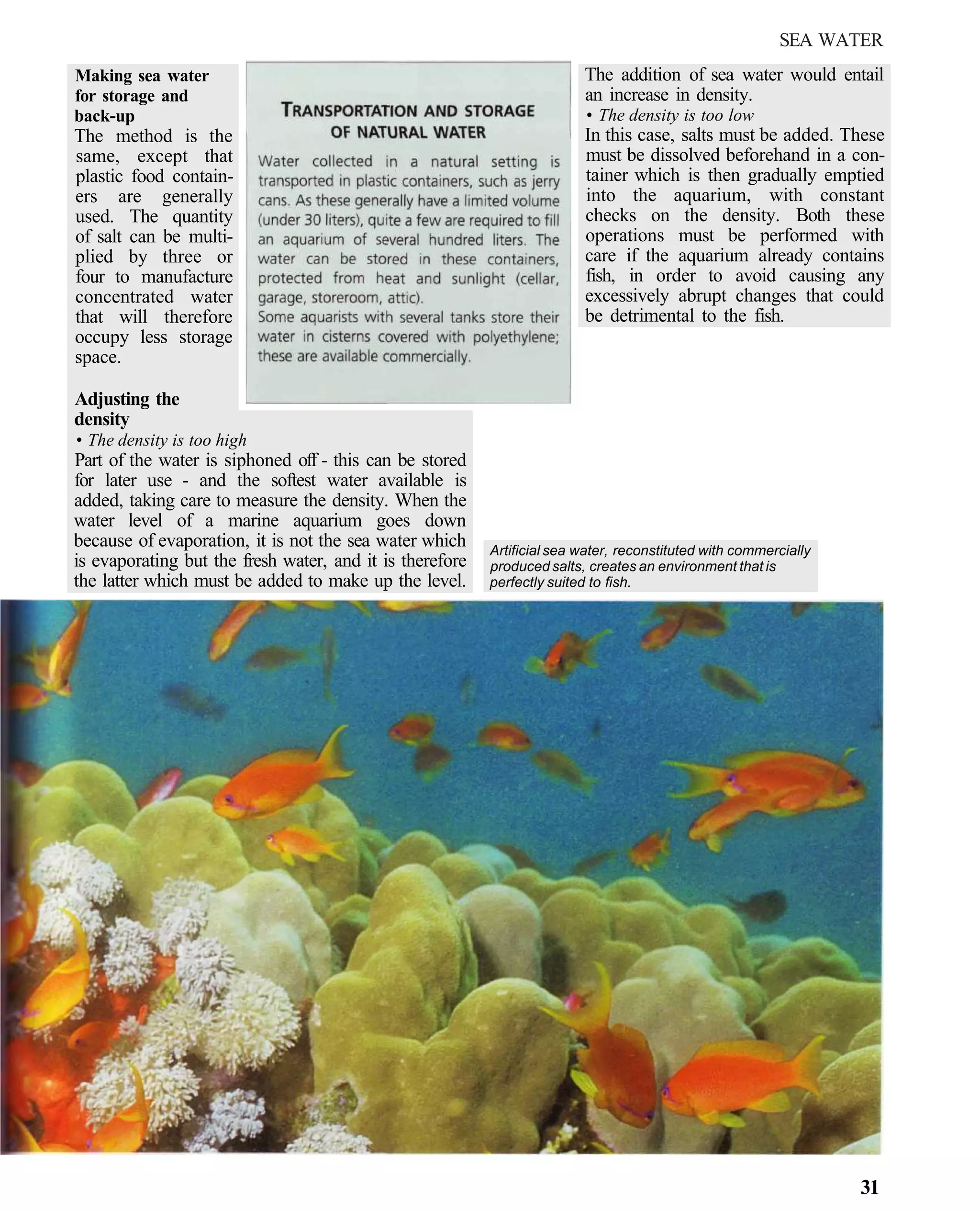 SEA WATER
Making sea water                                                         The addition of sea water would entail
for storage and                                                          an increase in density.
back-up                                                                  • The density is too low
The method is the                                                        In this case, salts must be added. These
same, except that                                                        must be dissolved beforehand in a con-
plastic food contain-                                                    tainer which is then gradually emptied
ers are generally                                                        into the aquarium, with constant
used. The quantity                                                       checks on the density. Both these
of salt can be multi-                                                    operations must be performed with
plied by three or                                                        care if the aquarium already contains
four to manufacture                                                      fish, in order to avoid causing any
concentrated water                                                       excessively abrupt changes that could
that will therefore                                                      be detrimental to the fish.
occupy less storage
space.

Adjusting the
density
• The density is too high
Part of the water is siphoned off - this can be stored
for later use - and the softest water available is
added, taking care to measure the density. When the
water level of a marine aquarium goes down
because of evaporation, it is not the sea water which     Artificial sea water, reconstituted with commercially
is evaporating but the fresh water, and it is therefore   produced salts, creates an environment that is
the latter which must be added to make up the level.      perfectly suited to fish.




                                                                                                                  31
 
