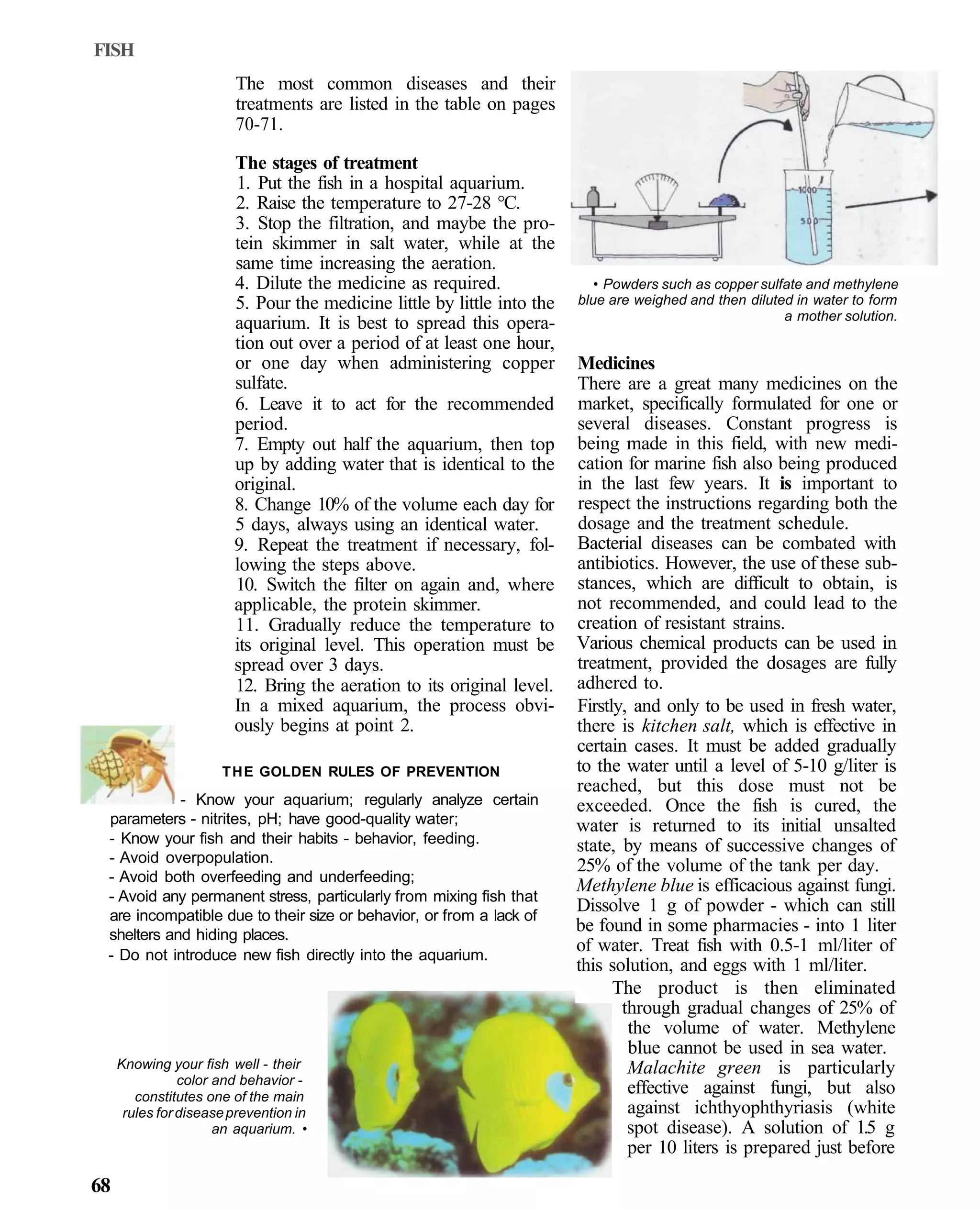 FISH
                        The most common diseases and their
                        treatments are listed in the table on pages
                        70-71.

                        The stages of treatment
                        1. Put the fish in a hospital aquarium.
                        2. Raise the temperature to 27-28 °C.
                        3. Stop the filtration, and maybe the pro-
                        tein skimmer in salt water, while at the
                        same time increasing the aeration.
                        4. Dilute the medicine as required.                 • Powders such as copper sulfate and methylene
                        5. Pour the medicine little by little into the   blue are weighed and then diluted in water to form
                                                                                                         a mother solution.
                        aquarium. It is best to spread this opera-
                        tion out over a period of at least one hour,
                        or one day when administering copper             Medicines
                        sulfate.                                         There are a great many medicines on the
                        6. Leave it to act for the recommended           market, specifically formulated for one or
                        period.                                          several diseases. Constant progress is
                        7. Empty out half the aquarium, then top         being made in this field, with new medi-
                        up by adding water that is identical to the      cation for marine fish also being produced
                        original.                                        in the last few years. It is important to
                        8. Change 10% of the volume each day for         respect the instructions regarding both the
                        5 days, always using an identical water.         dosage and the treatment schedule.
                        9. Repeat the treatment if necessary, fol-       Bacterial diseases can be combated with
                        lowing the steps above.                          antibiotics. However, the use of these sub-
                        10. Switch the filter on again and, where        stances, which are difficult to obtain, is
                        applicable, the protein skimmer.                 not recommended, and could lead to the
                        11. Gradually reduce the temperature to          creation of resistant strains.
                        its original level. This operation must be       Various chemical products can be used in
                        spread over 3 days.                              treatment, provided the dosages are fully
                        12. Bring the aeration to its original level.    adhered to.
                        In a mixed aquarium, the process obvi-           Firstly, and only to be used in fresh water,
                        ously begins at point 2.                         there is kitchen salt, which is effective in
                                                                         certain cases. It must be added gradually
                      THE GOLDEN RULES OF PREVENTION                     to the water until a level of 5-10 g/liter is
                                                                         reached, but this dose must not be
            - Know your aquarium; regularly analyze certain              exceeded. Once the fish is cured, the
 parameters - nitrites, pH; have good-quality water;                     water is returned to its initial unsalted
 - Know your fish and their habits - behavior, feeding.                  state, by means of successive changes of
 - Avoid overpopulation.
                                                                         25% of the volume of the tank per day.
 - Avoid both overfeeding and underfeeding;
                                                                         Methylene blue is efficacious against fungi.
 - Avoid any permanent stress, particularly from mixing fish that
                                                                         Dissolve 1 g of powder - which can still
 are incompatible due to their size or behavior, or from a lack of
 shelters and hiding places.
                                                                         be found in some pharmacies - into 1 liter
 - Do not introduce new fish directly into the aquarium.
                                                                         of water. Treat fish with 0.5-1 ml/liter of
                                                                         this solution, and eggs with 1 ml/liter.
                                                                               The product is then eliminated
                                                                                through gradual changes of 25% of
                                                                                 the volume of water. Methylene
                                                                                 blue cannot be used in sea water.
     Knowing your fish well - their                                              Malachite green is particularly
                color and behavior -
        constitutes one of the main
                                                                                 effective against fungi, but also
      rules for disease prevention in                                            against ichthyophthyriasis (white
                      an aquarium. •                                             spot disease). A solution of 1.5 g
                                                                                 per 10 liters is prepared just before

68
 