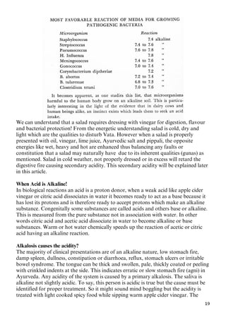 19
We can understand that a salad requires dressing with vinegar for digestion, flavour
and bacterial protection! From the energetic understanding salad is cold, dry and
light which are the qualities to disturb Vata. However when a salad is properly
presented with oil, vinegar, lime juice, Ayurvedic salt and pippali, the opposite
energies like wet, heavy and hot are enhanced thus balancing any faults or
constitution that a salad may naturally have due to its inherent qualities (gunas) as
mentioned. Salad in cold weather, not properly dressed or in excess will retard the
digestive fire causing secondary acidity. This secondary acidity will be explained later
in this article.
When Acid is Alkaline!
In biological reactions an acid is a proton donor, when a weak acid like apple cider
vinegar or citric acid dissociates in water it becomes ready to act as a base because it
has lost its protons and is therefore ready to accept protons which make an alkaline
substance. Congenitally some substances are called acids and others base or alkaline.
This is measured from the pure substance not in association with water. In other
words citric acid and acetic acid dissociate in water to become alkaline or base
substances. Warm or hot water chemically speeds up the reaction of acetic or citric
acid having an alkaline reaction.
Alkalosis causes the acidity?
The majority of clinical presentations are of an alkaline nature, low stomach fire,
damp spleen, dullness, constipation or diarrhoea, reflux, stomach ulcers or irritable
bowel syndrome. The tongue can be thick and swollen, pale, thickly coated or peeling
with crinkled indents at the side. This indicates erratic or slow stomach fire (agni) in
Ayurveda. Any acidity of the system is caused by a primary alkalosis. The saliva is
alkaline not slightly acidic. To say, this person is acidic is true but the cause must be
identified for proper treatment. So it might sound mind boggling but the acidity is
treated with light cooked spicy food while sipping warm apple cider vinegar. The
 