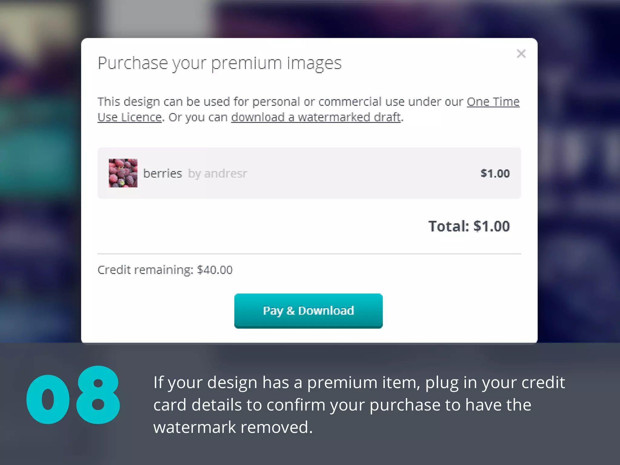 If your design has a premium item, plug in your credit
card details to confirm your purchase to have the
watermark removed.
08